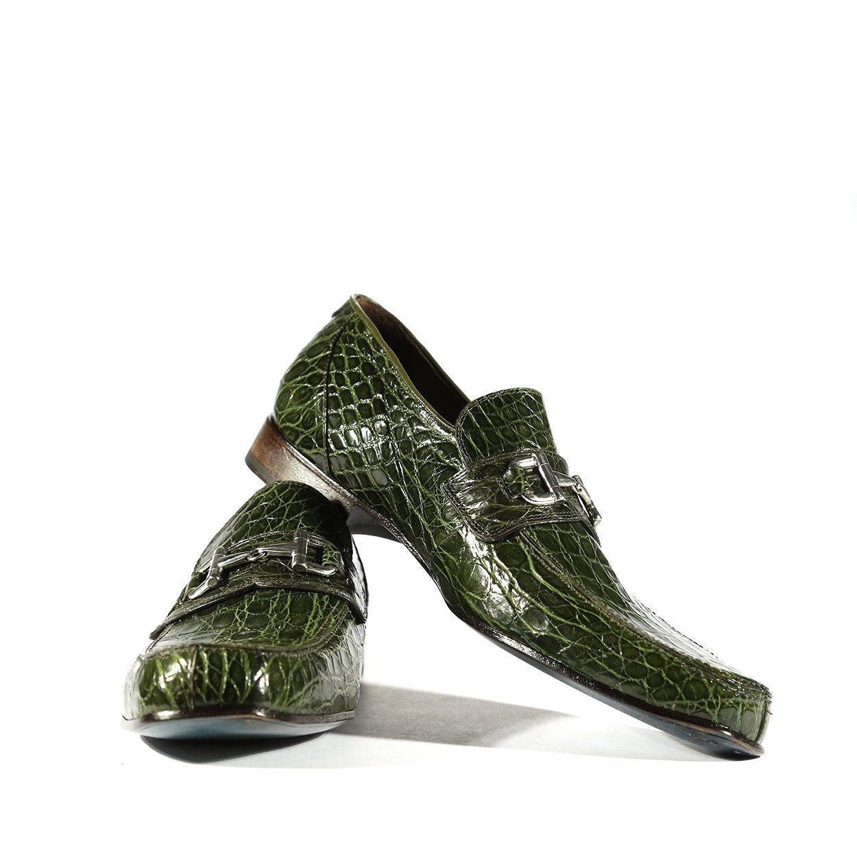 Mauri Flanks Men's Designer Shoes Green Exotic Crocodile Horsebit Loafers 4885 (MAO1028)
