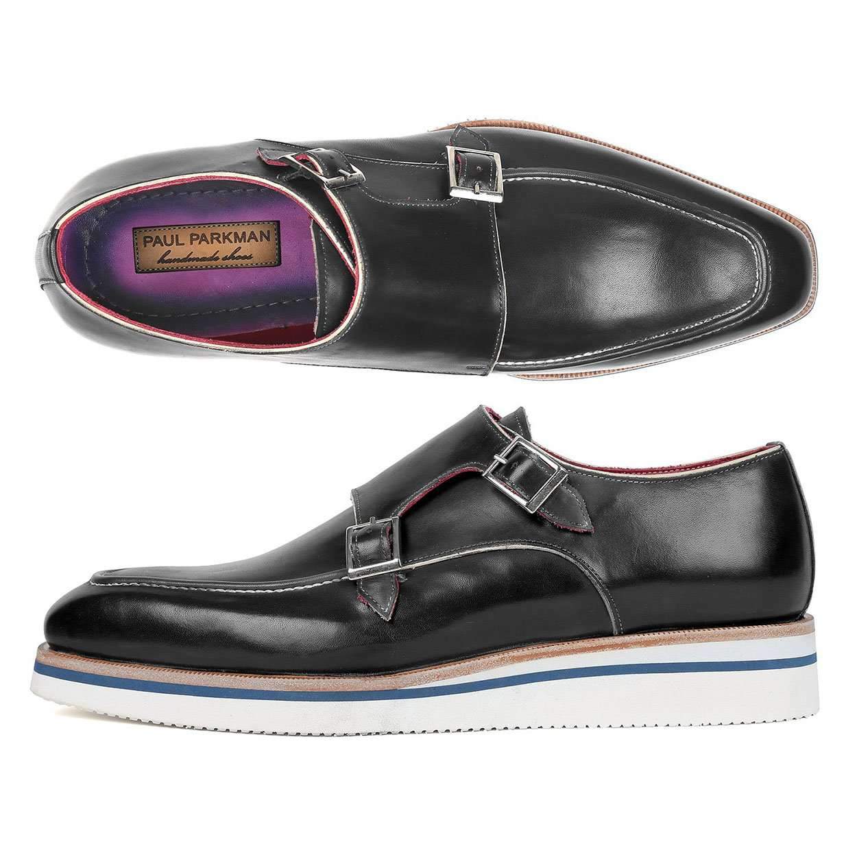 Paul Parkman Men's Black Calf-Skin Leather Monk-Straps Loafers 189-BLK-LTH (PM6119)