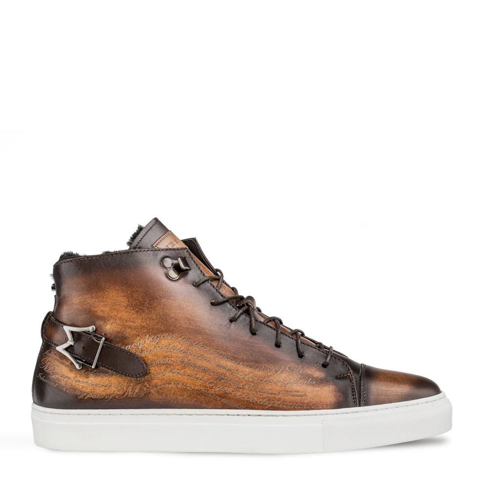 Mezlan A20044 Men's Shoes Cognac Patina Leather Etched Hi-Top Sneakers (MZS3416)
