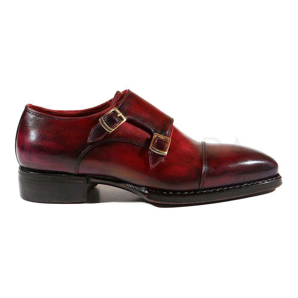 Paul Parkman Handmade Designer Shoes Men's Designer Shoes Triple Leather Sole Hand-Welted Cap Toe Monkstraps Purple & Burgundy Loafers (PM2008)