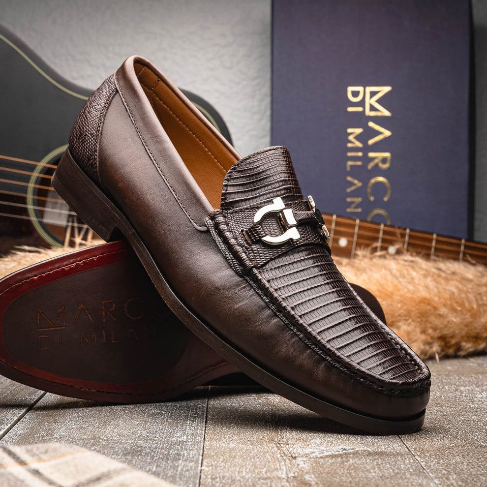 Marco Di Milano Enzo Men's Shoes Black Genuine Lizard Horsebit Loafers (MDM1156)