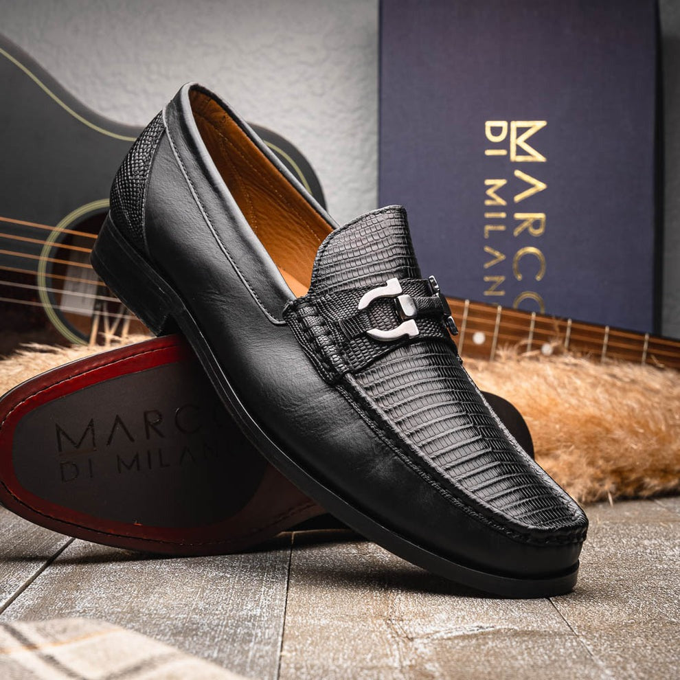 Marco Di Milano Enzo Men's Shoes Black Genuine Lizard Horsebit Loafers (MDM1156)
