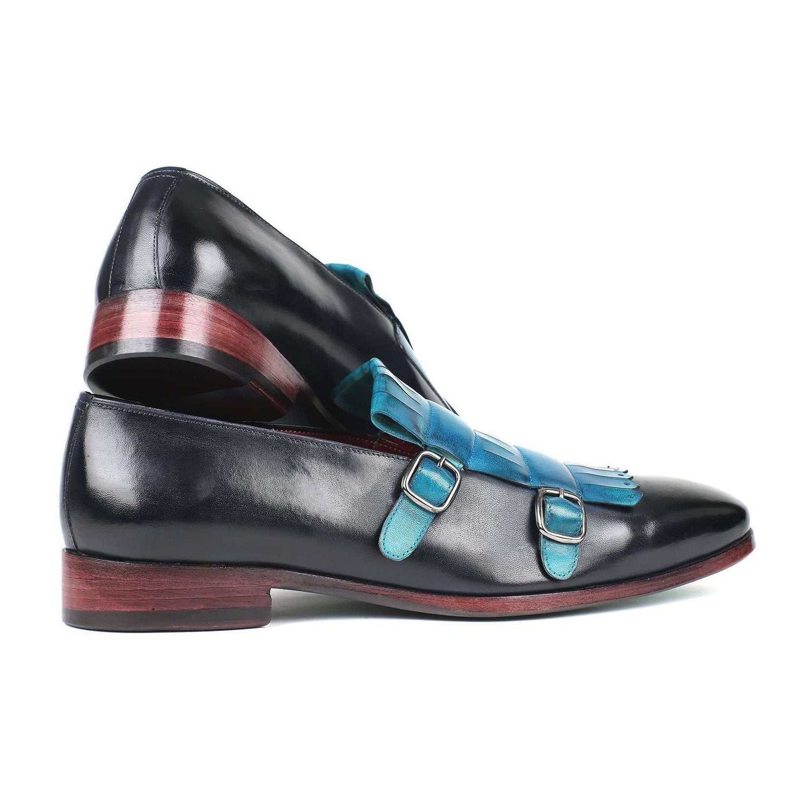 Paul Parkman Handmade Designer Shoes Men's Blue & Navy Calf-skin Leather Kiltie Double Monkstrap Loafers ST17BLU (PM5906)