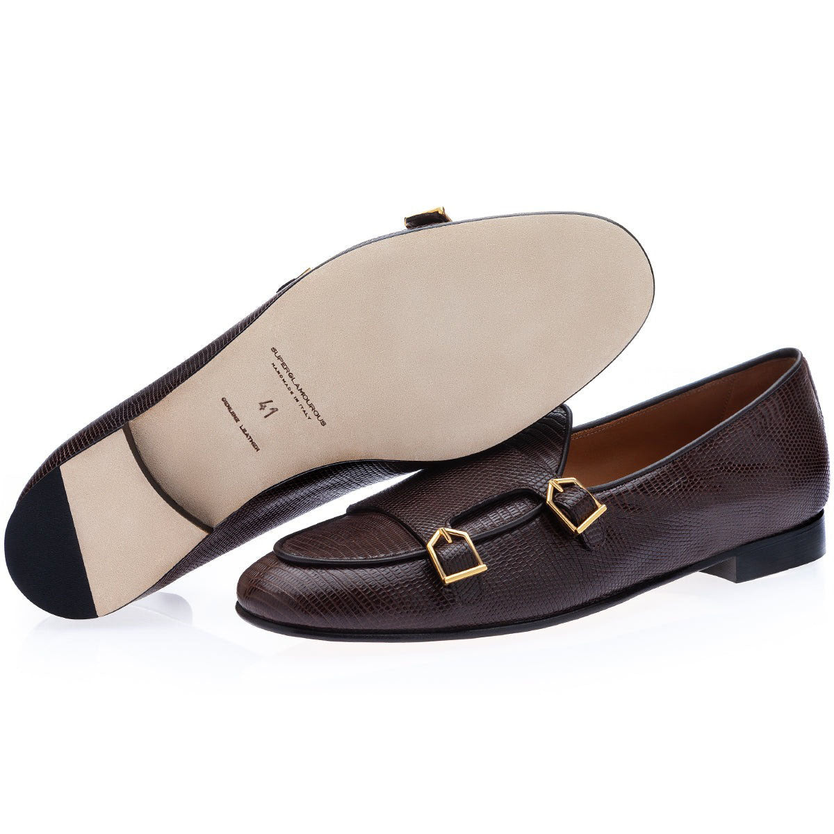 SUPERGLAMOUROUS Tangerine 7 Men's Shoes Exotic Tejus Lizard Double Monk-Straps Belgian Loafers (SPGM1331)