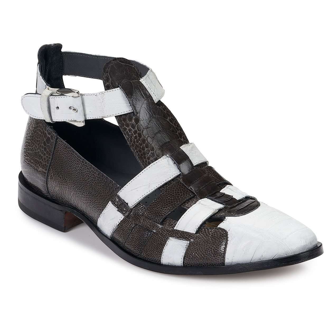 Mauri Designer Shoes Exotic Skin Men's Baby Croc & Ostrich Leg Black & White Sandals 3025 (MA4901)