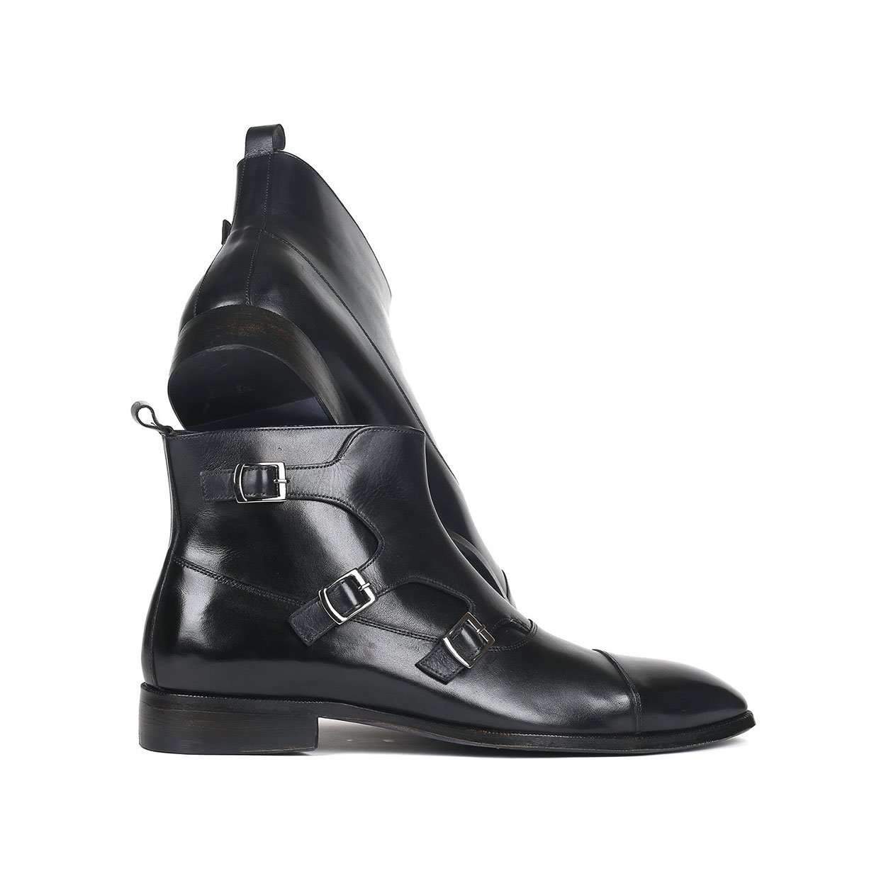 Paul Parkman Men's Black Calf-Skin Leather Triple Monk-Straps Boots 88951-BLK (PM6143)