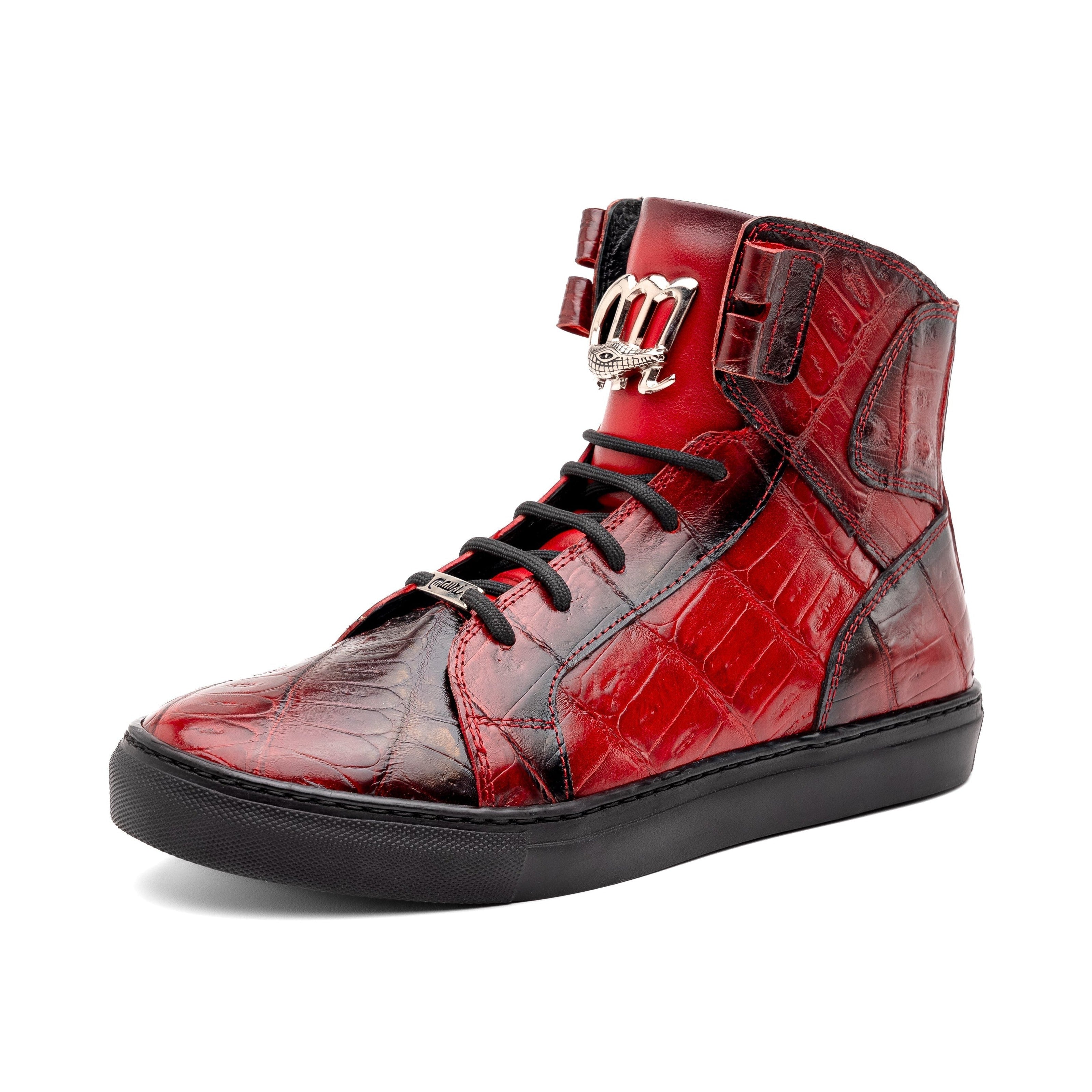 Mauri Golden Boy 6129-1 Men's Shoes Red with Black Finished Exotic Crocodile / Nappa Leather High-Top Sneakers (MA5575)
