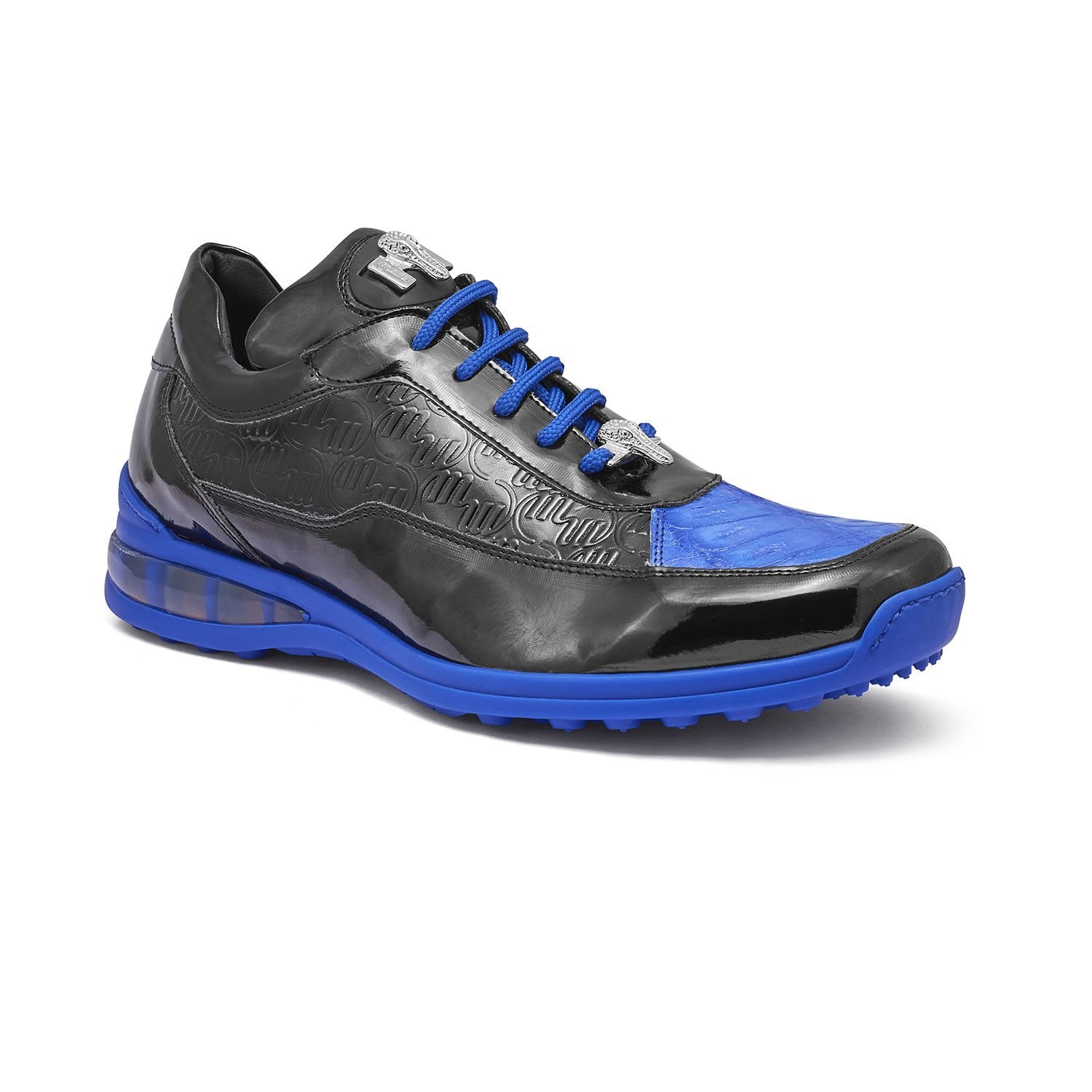 Mauri 8900/2 Bubble Men's Shoes Black & Royal Blue Exotic Crocodile / Patent Embossed Leather Casual Sneakers (MA5340)