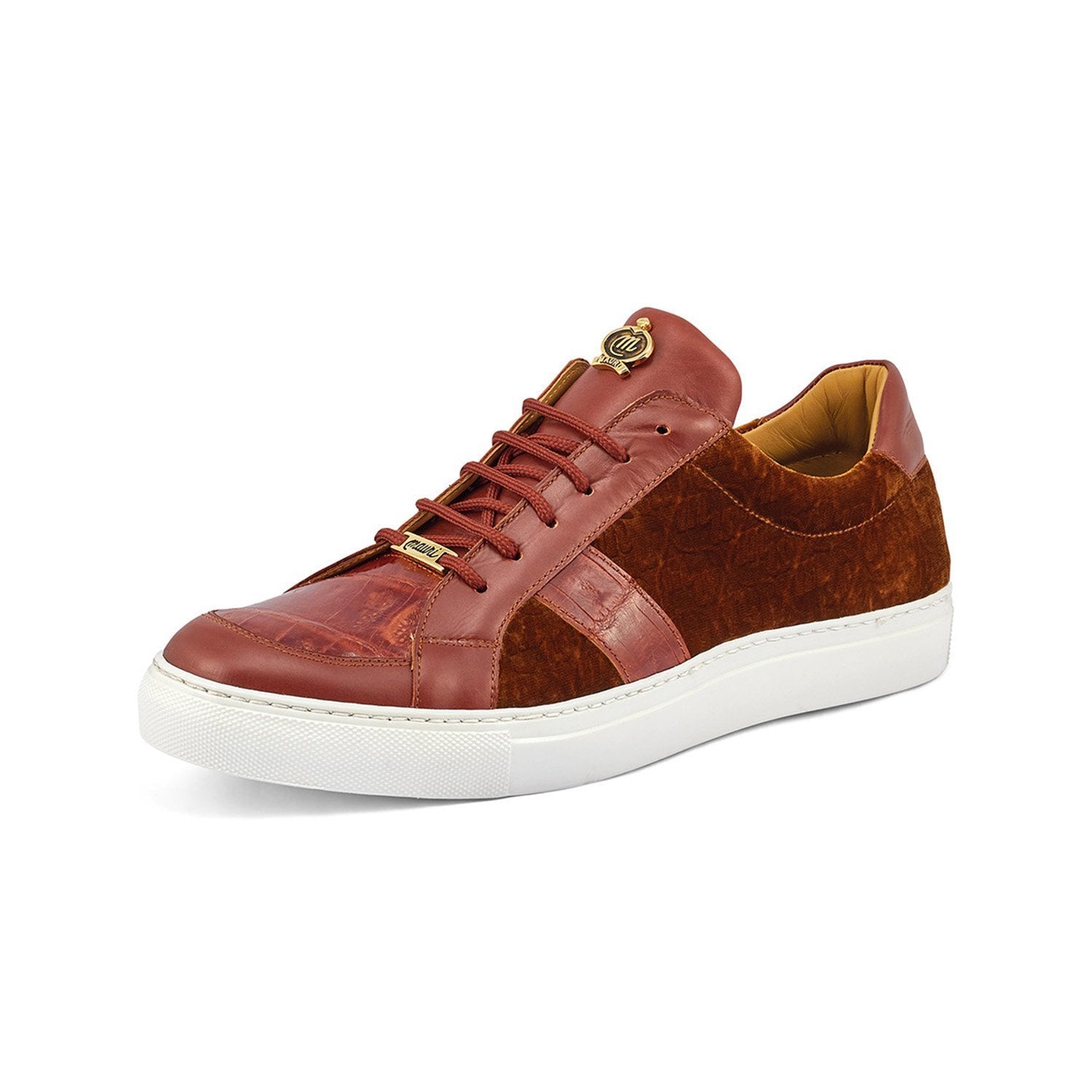 Mauri 8418 Freeze Men's Shoes Gold & Camel Exotic Crocodile / Nappa Leather / Velvet Embossed Casual Sneakers (MA5357)
