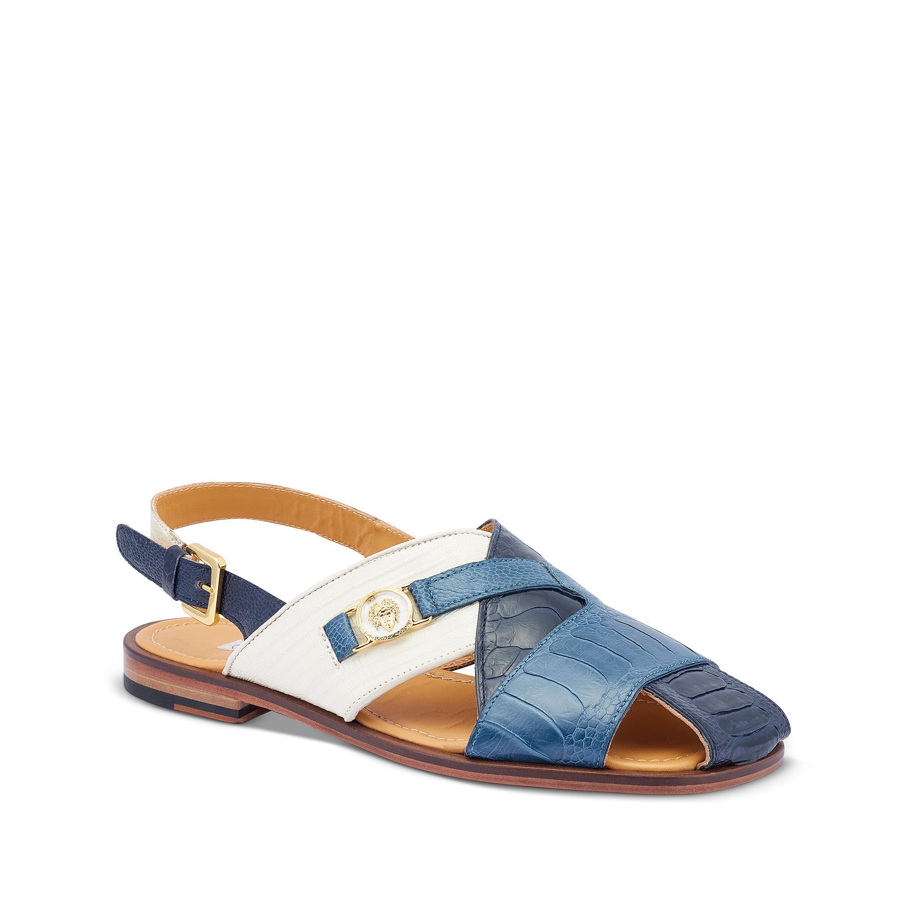 Mauri 5076 Romano Men's Shoes Two-Tone Blue & Cream Exotic Ostrich Leg / Tejus Lizard Sandals (MA5429)