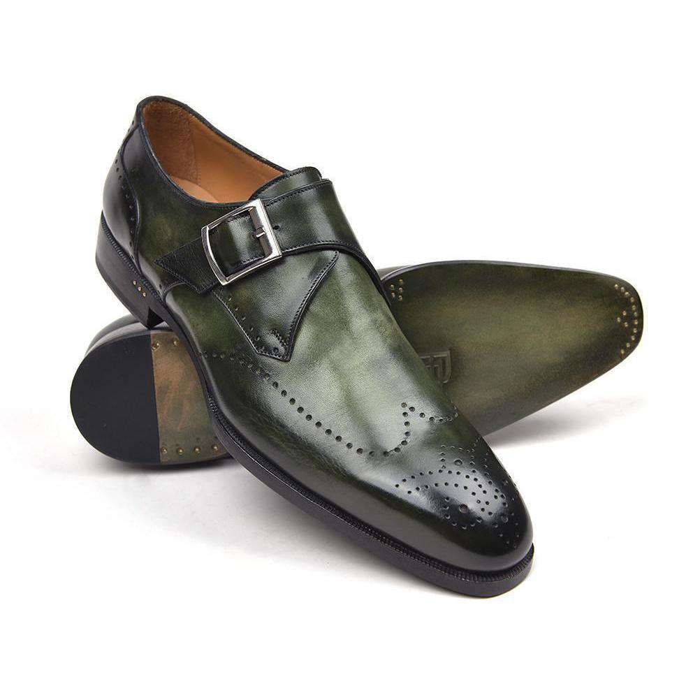 Paul Parkman Handmade Designer Shoes Men's Wingtip Single Monkstraps Green Loafers (PM5513)