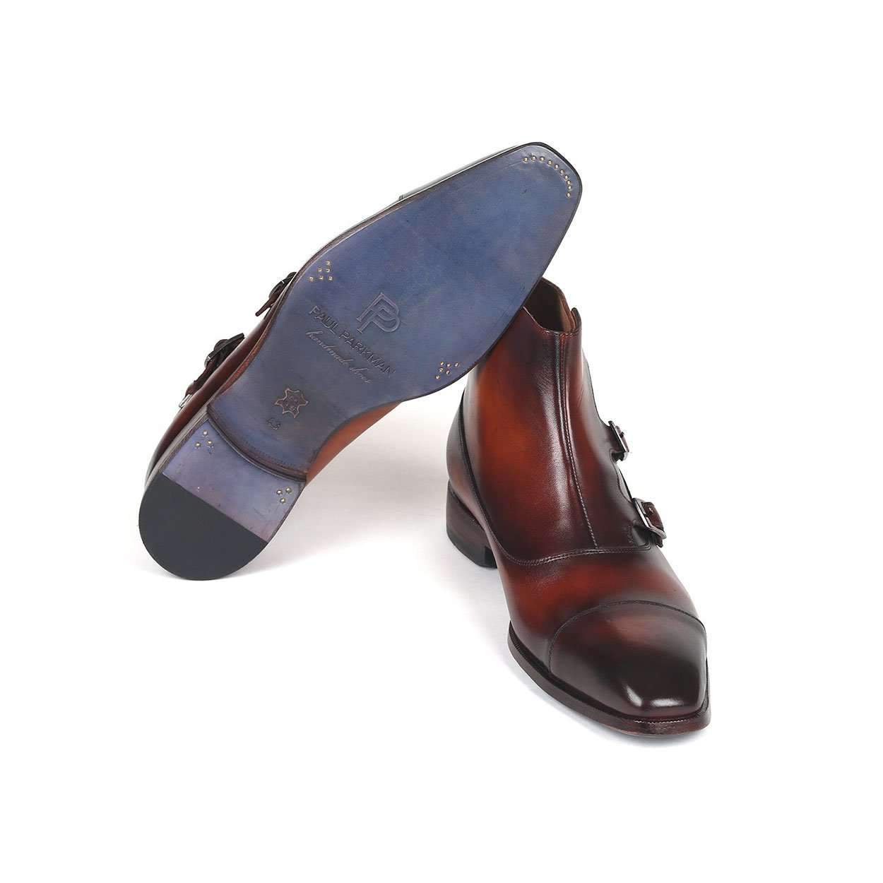 Paul Parkman Men's Brown Calf-Skin Leather Triple Monk-Straps Boots 88951-BRW (PM6144)