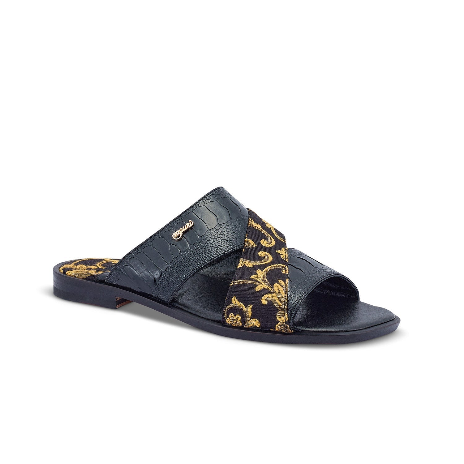 Mauri 5140 Cancun Men's Shoes Black Exotic Ostrich Leg / Gobelins Fabric Slip-On Sandals (MA5417)