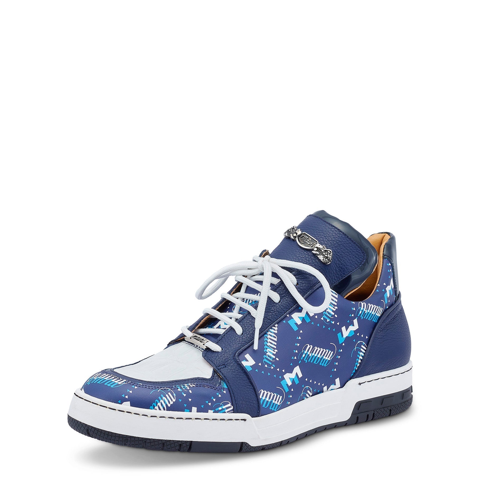 Mauri 8440 Crown Men's Shoes Blue & White Exotic Crocodile / Nappa / Patent Leather Casual Sneakers (MA5449)