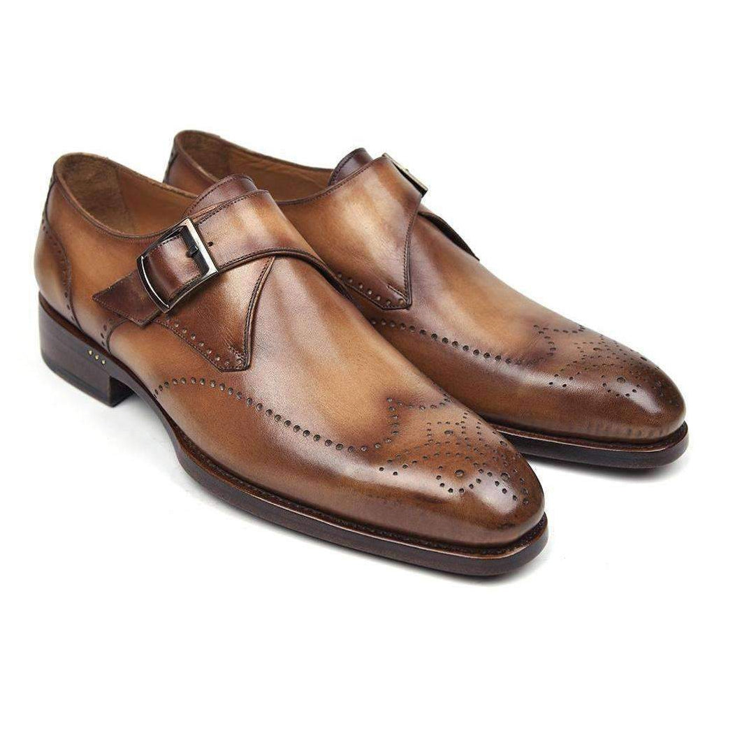 Paul Parkman Handmade Designer Shoes Men's Wingtip Single Monkstraps Brown & Camel Loafers (PM5512)