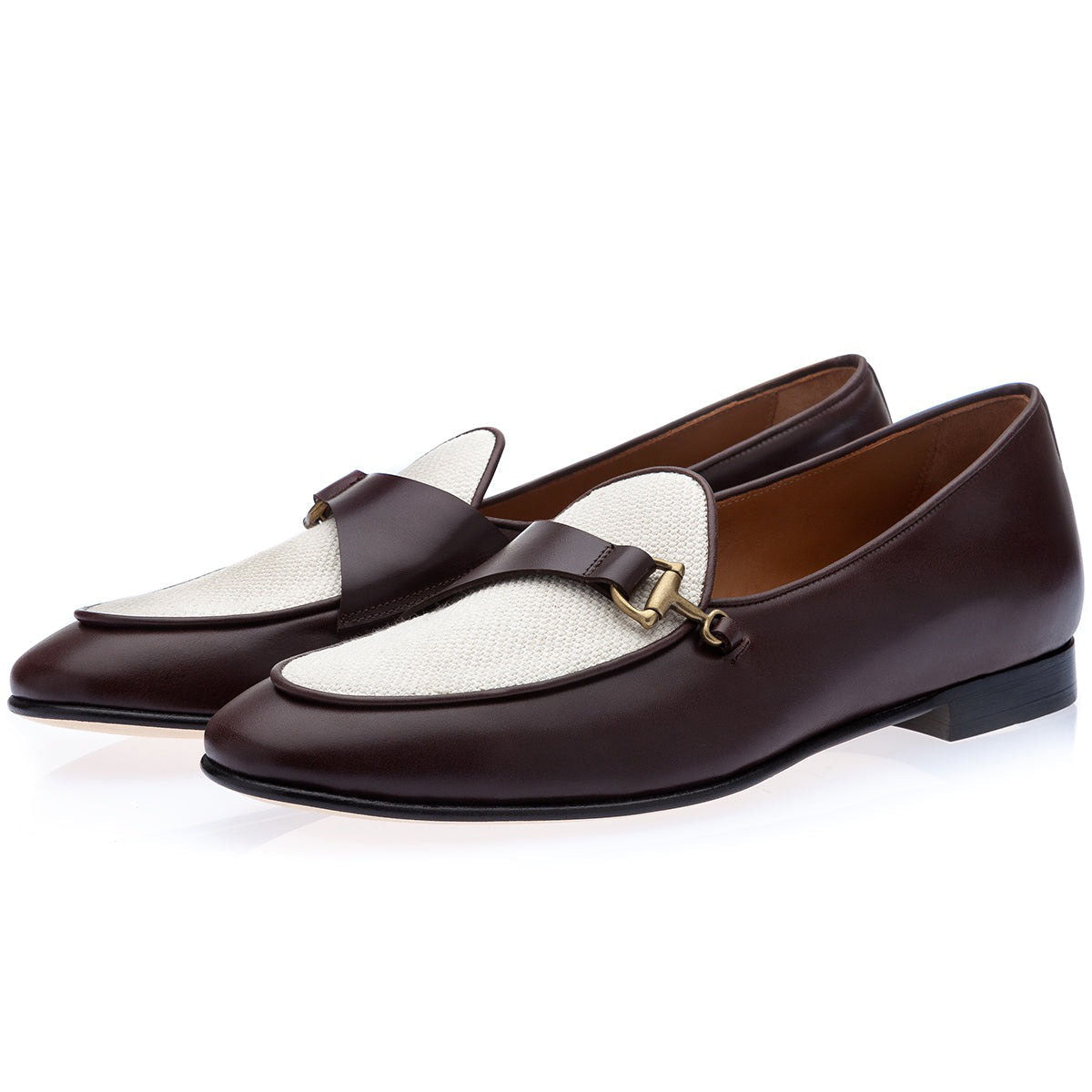 SUPERGLAMOUROUS Rete Men's Shoes White & Cocoa Canvas / Calf-Skin Leather Belgian Loafers (SPGM1329)