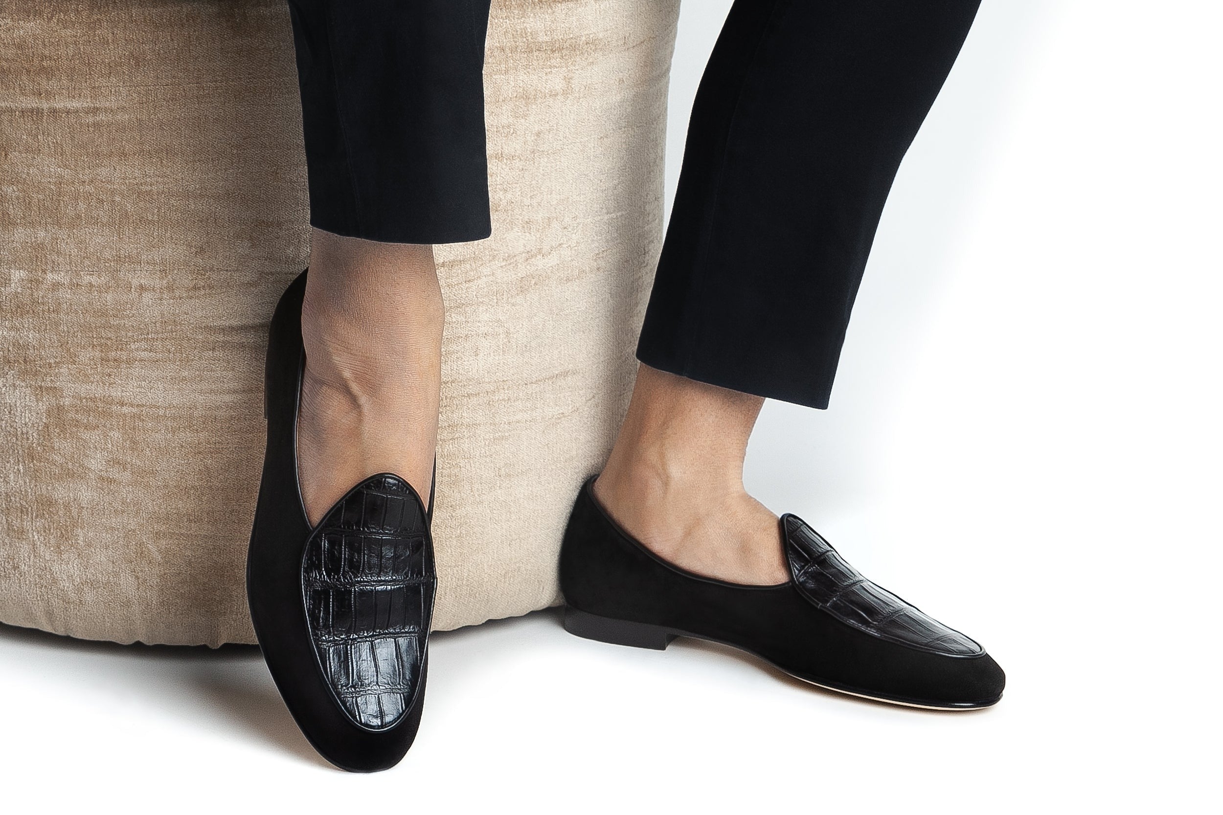 SUPERGLAMOUROUS Tangerine Crocosuede Men's Shoes Exotic Crocodile / Suede Leather Belgian Loafers (SPGM1337)