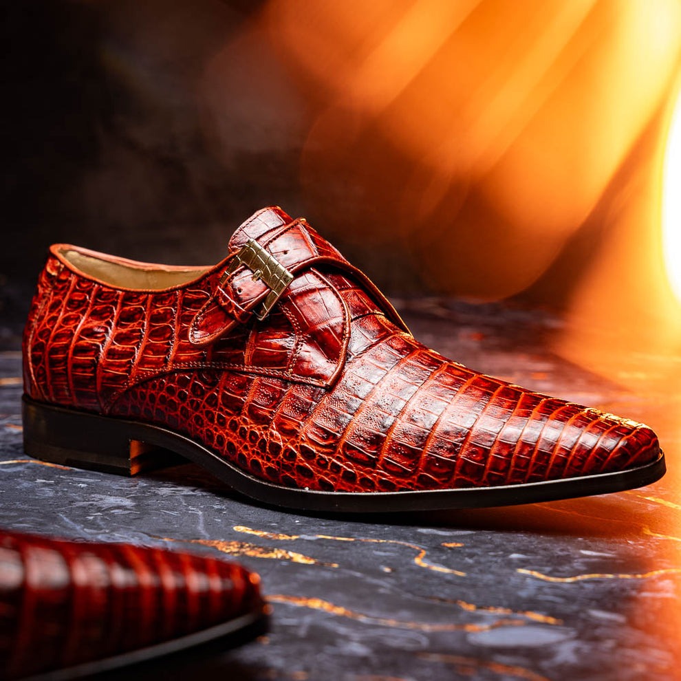 Marco Di Milano Rovigo Men's Shoes Wine Exotic Crocodile Skin Single Monk-Strap Loafers (MDM1000)