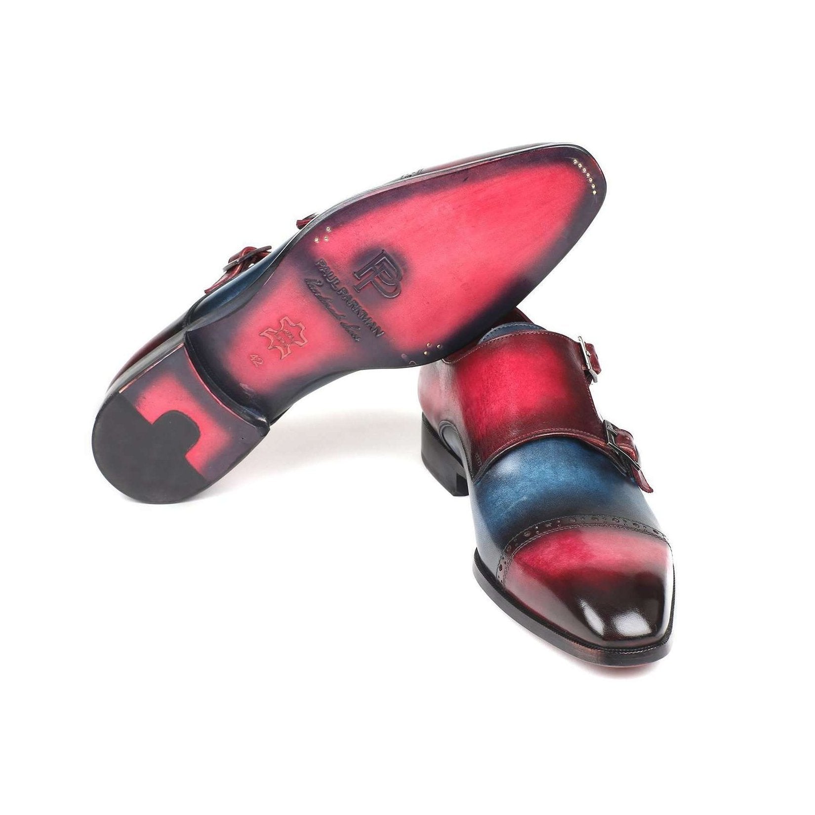 Paul Parkman Handmade Designer Shoes Captoe Double Monkstraps Blue & Fuxia Loafers (PM5850)
