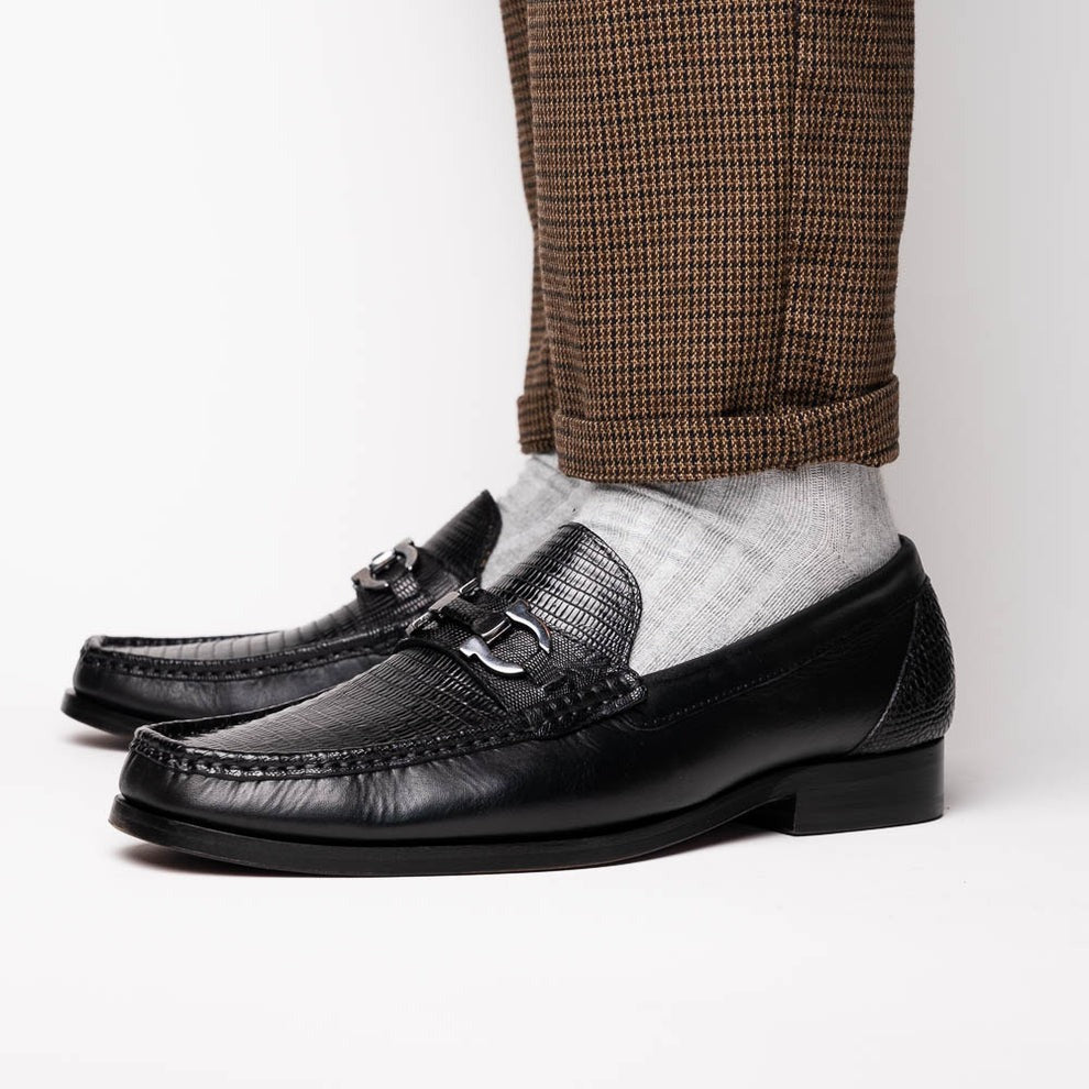 Marco Di Milano Enzo Men's Shoes Black Genuine Lizard Horsebit Loafers (MDM1156)
