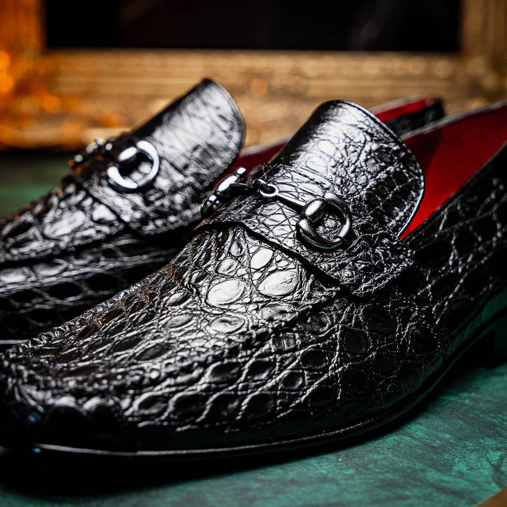 Marco Di Milano Landro Men's Shoes Black Exotic Crocodile Horsebit Loafers (MDM1023)