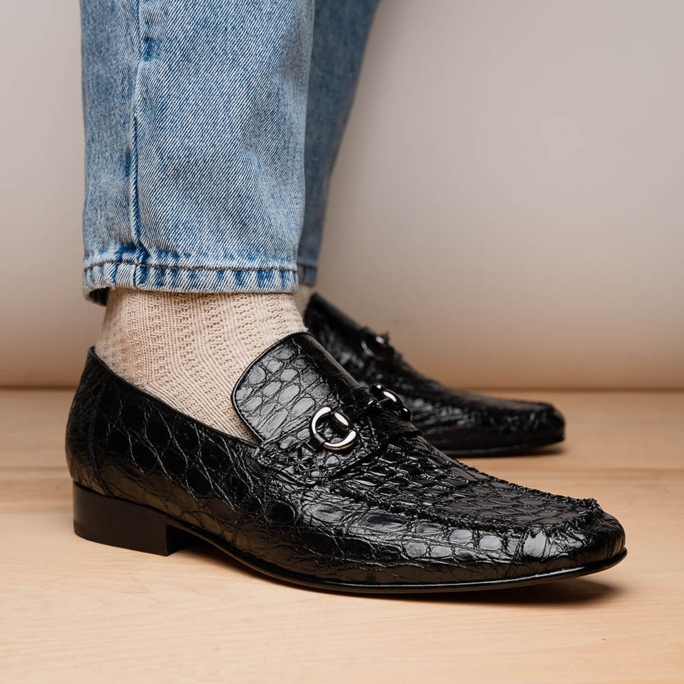 Marco Di Milano Landro Men's Shoes Black Exotic Crocodile Horsebit Loafers (MDM1023)