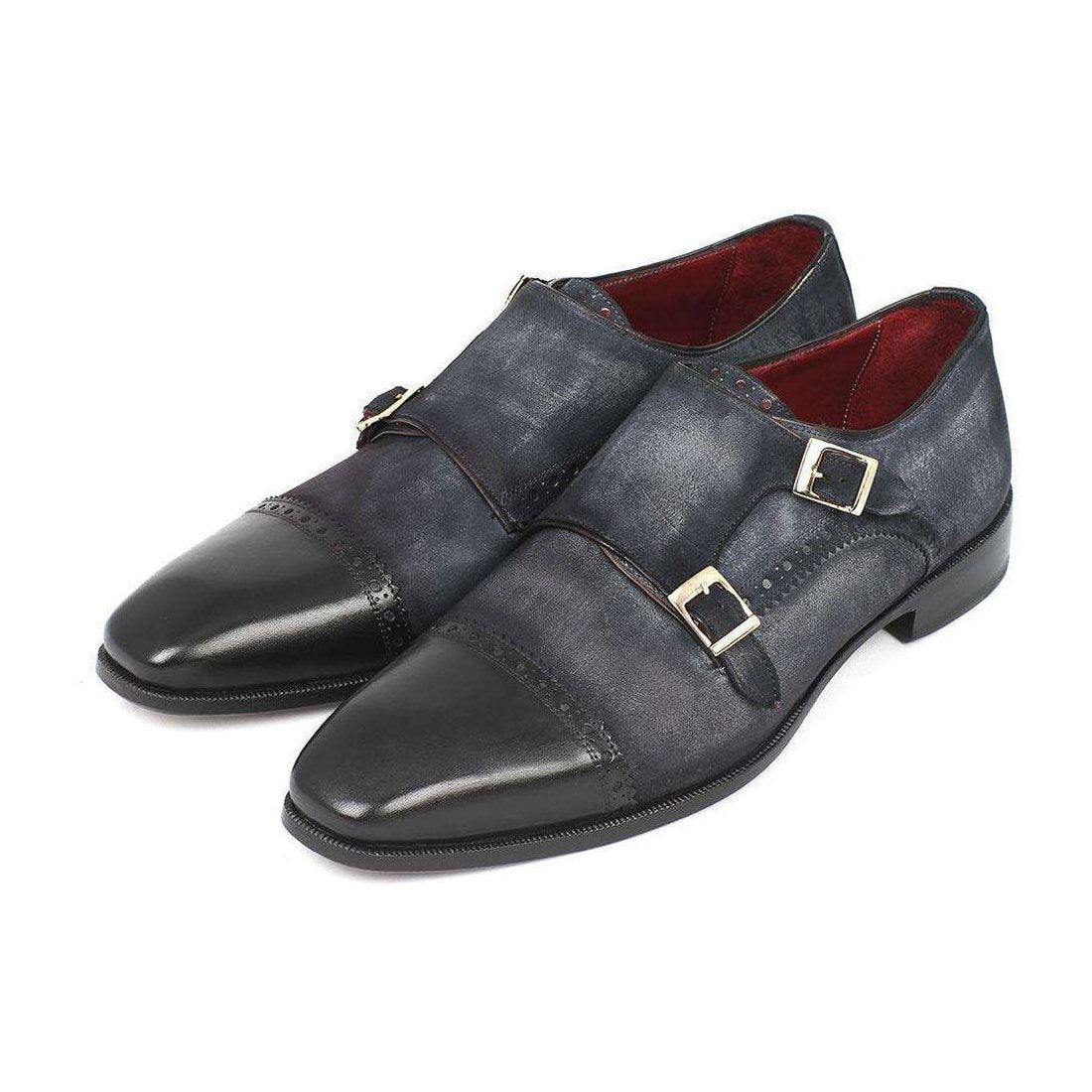 Paul Parkman Handmade Designer Shoes Men's Handmade Designer Shoes Captoe Double Monkstraps Suede Navy Loafers (PM4024)