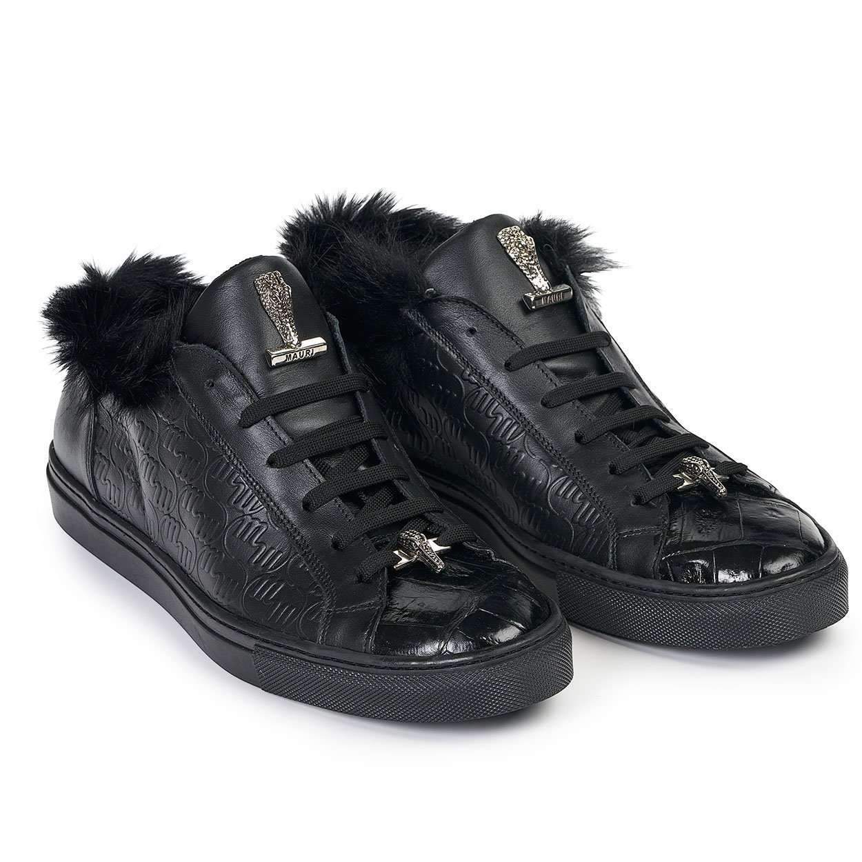 Mauri Designer Shoes Exotic Skin Men's Larice Black Kangaroo Fur & Embossed Nappa Leather Sneakers 8591(MA4817)