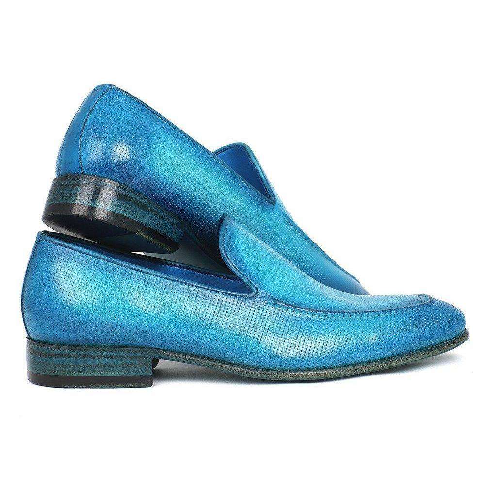 Paul Parkman Handmade Designer Shoes Perforated Leather Turquoise Loafers (PM5450)