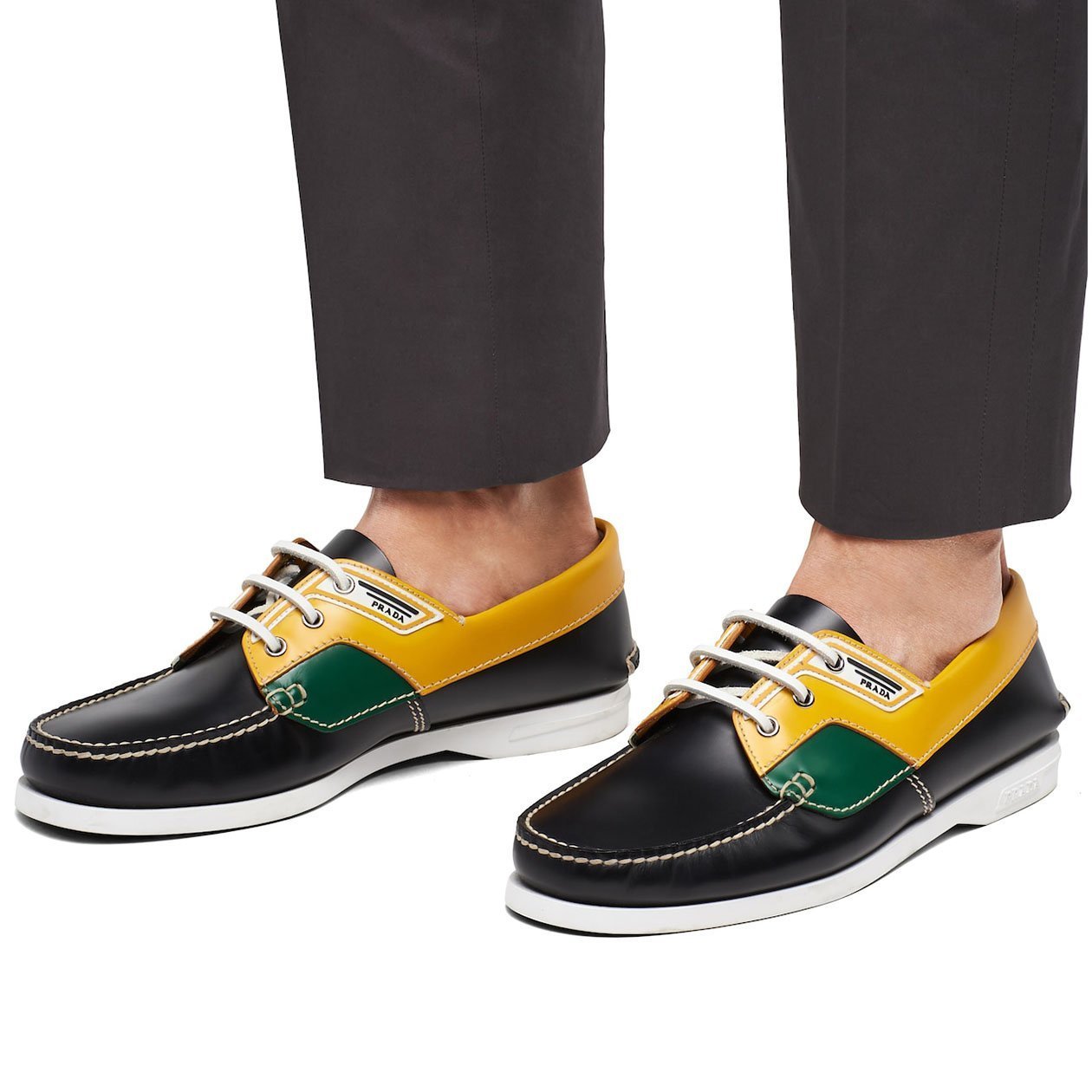 Prada 2EG270-X2O Men's Shoes Black, Green & Yellow Calf-Skin Leather Boat Moccasin Loafers (PRM1009)