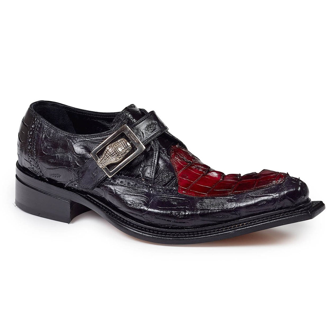 Mauri Men's Black & Red Hornback Tail & Baby Croc Single Monkstrap Loafers (MA4616)