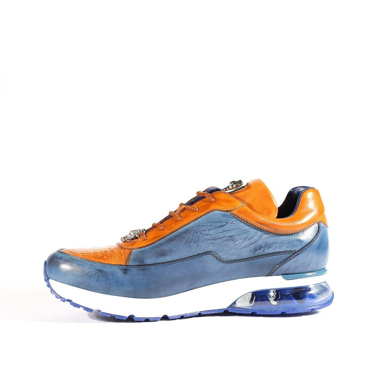 Belvedere E01 Flash Men's Shoes Blue Safari & Almond Exotic Ostrich / Calf-Skin Leather Casual Sneakers (BV2967)