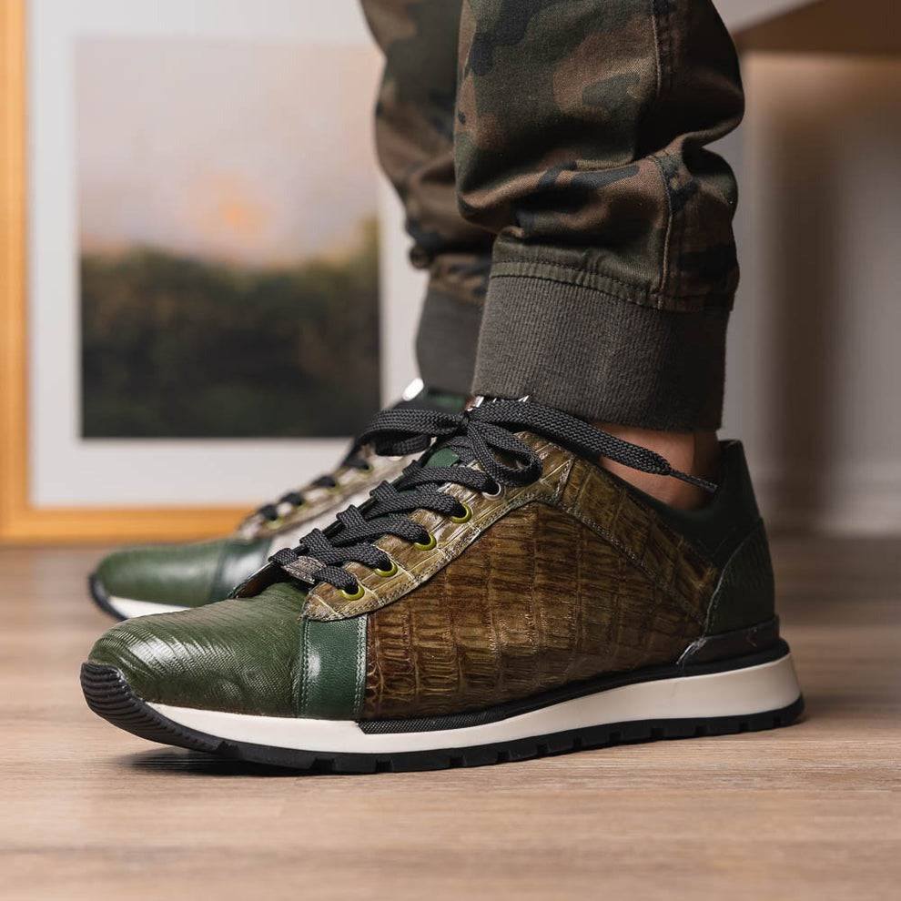 Marco Di Milano Portici Men's Shoes Wine & Black Exotic Lizard / Crocodile Casual Sneakers (MDM1016)