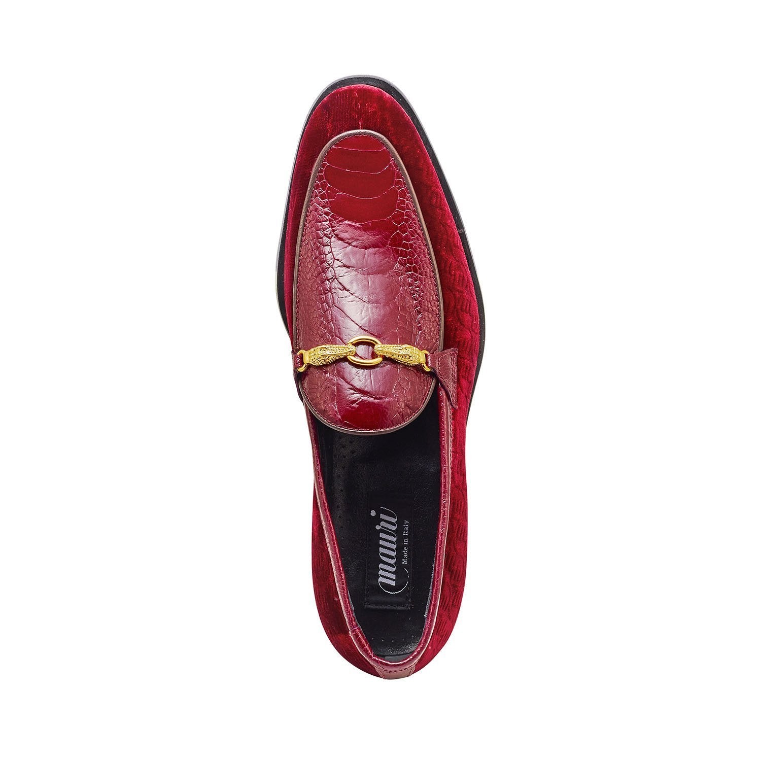 Mauri 4932 Baron Men's Shoes Ruby Red Velvet Print / Ostrich Leg Horsebit Loafers (MA5300)