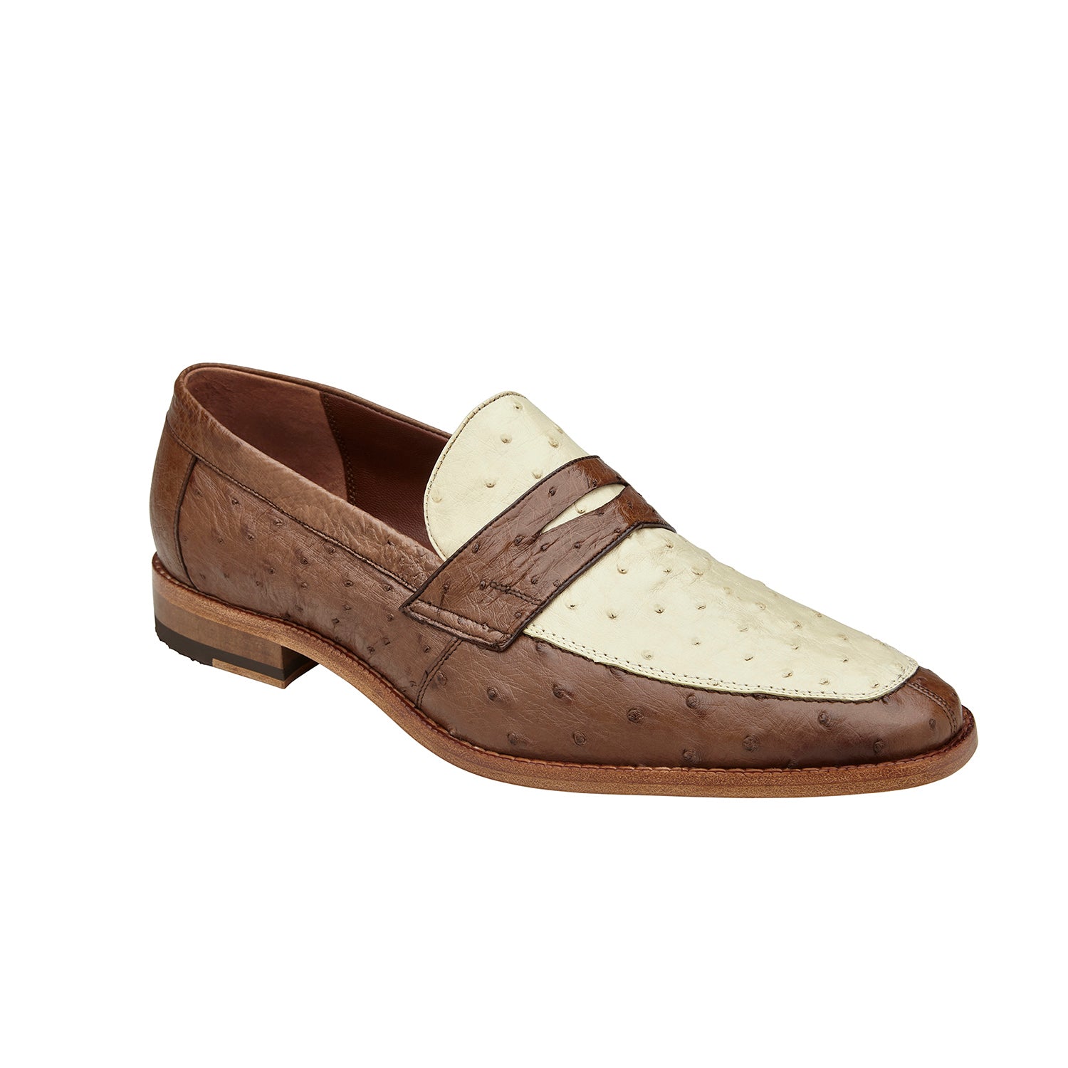 Belvedere Espada 02440 Men's Shoes Tabacco & Cream Exotic Genuine Ostrich Split-Toe Penny Loafers (BV3155)