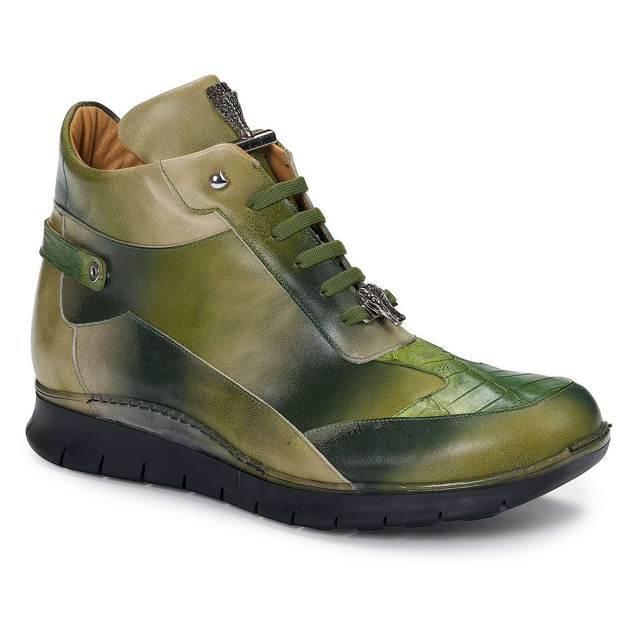 Mauri 8593 Designer Shoes Exotic Skin Men's Nappa Calf-skin & Baby Croc Multi Green Sneakers (MA4929)