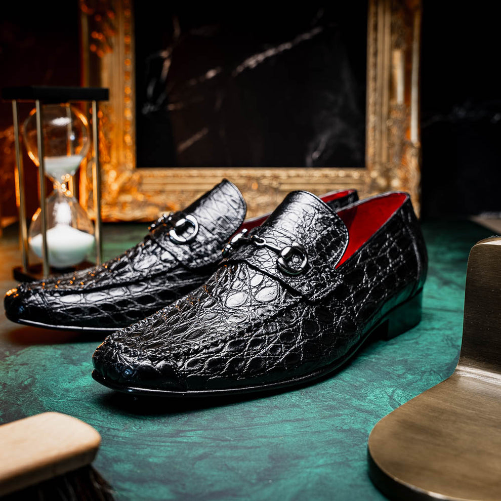 Marco Di Milano Landro Men's Shoes Black Exotic Crocodile Horsebit Loafers (MDM1023)