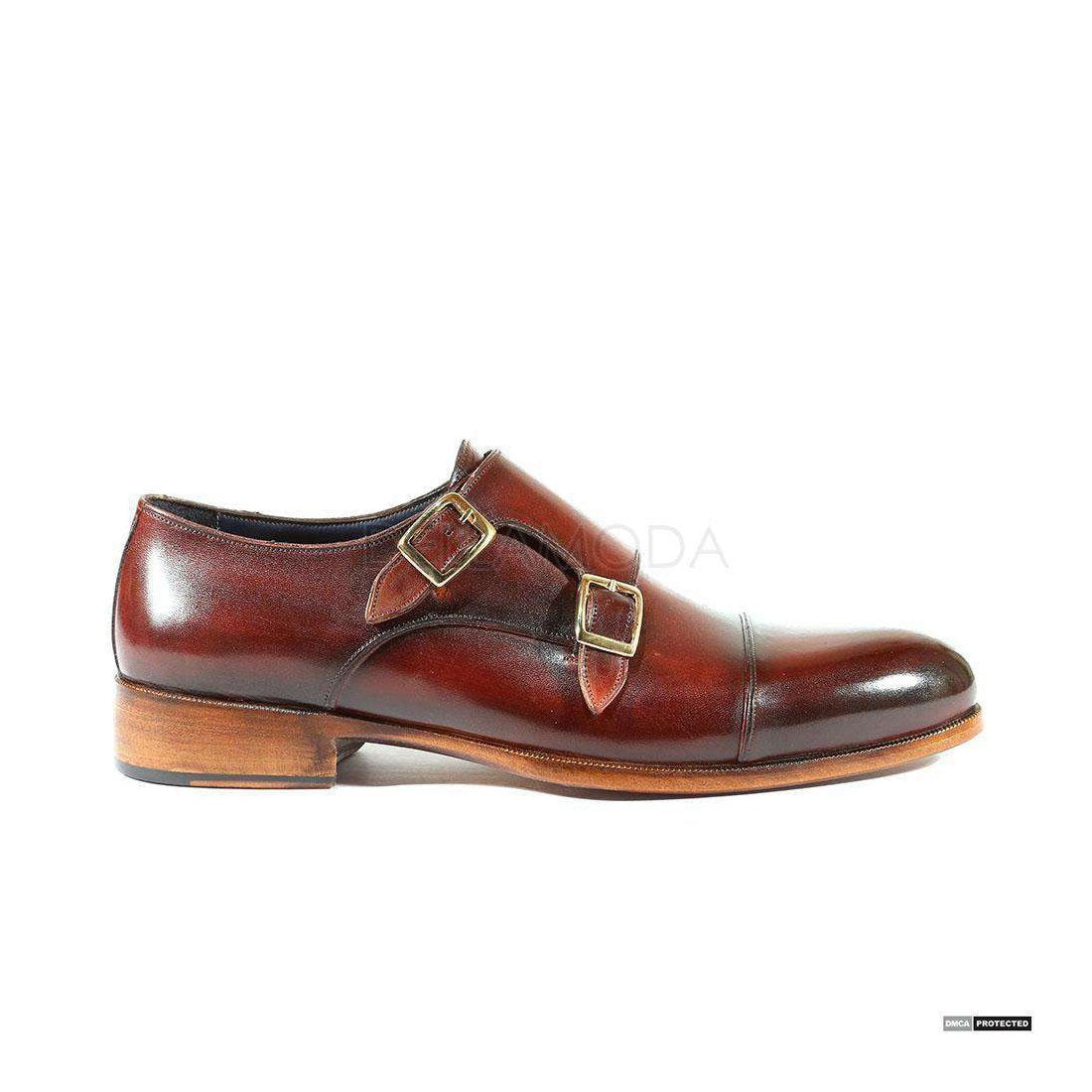 Paul Parkman Handmade Designer Shoes Handmade Men's Designer Shoes Captoe Double Monkstrap Hand-Painted Dark Brown Loafers (PM1029)