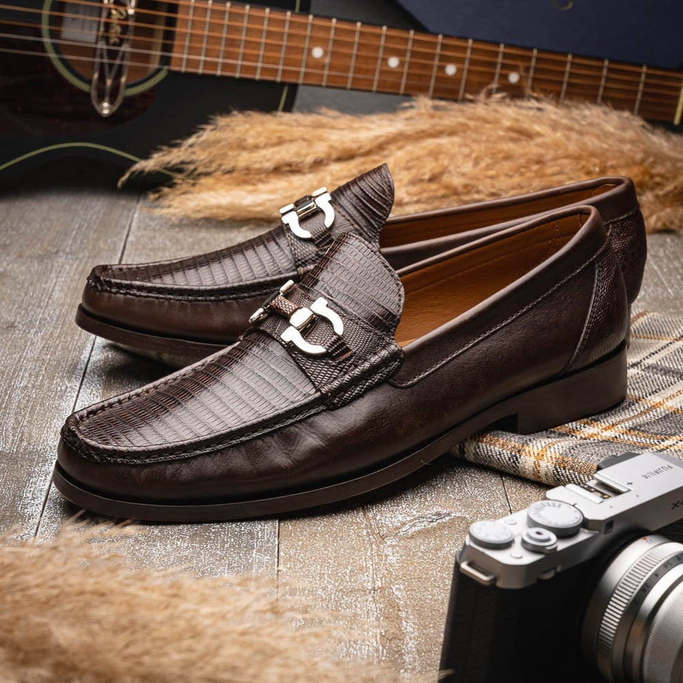Marco Di Milano Enzo Men's Shoes Black Genuine Lizard Horsebit Loafers (MDM1156)