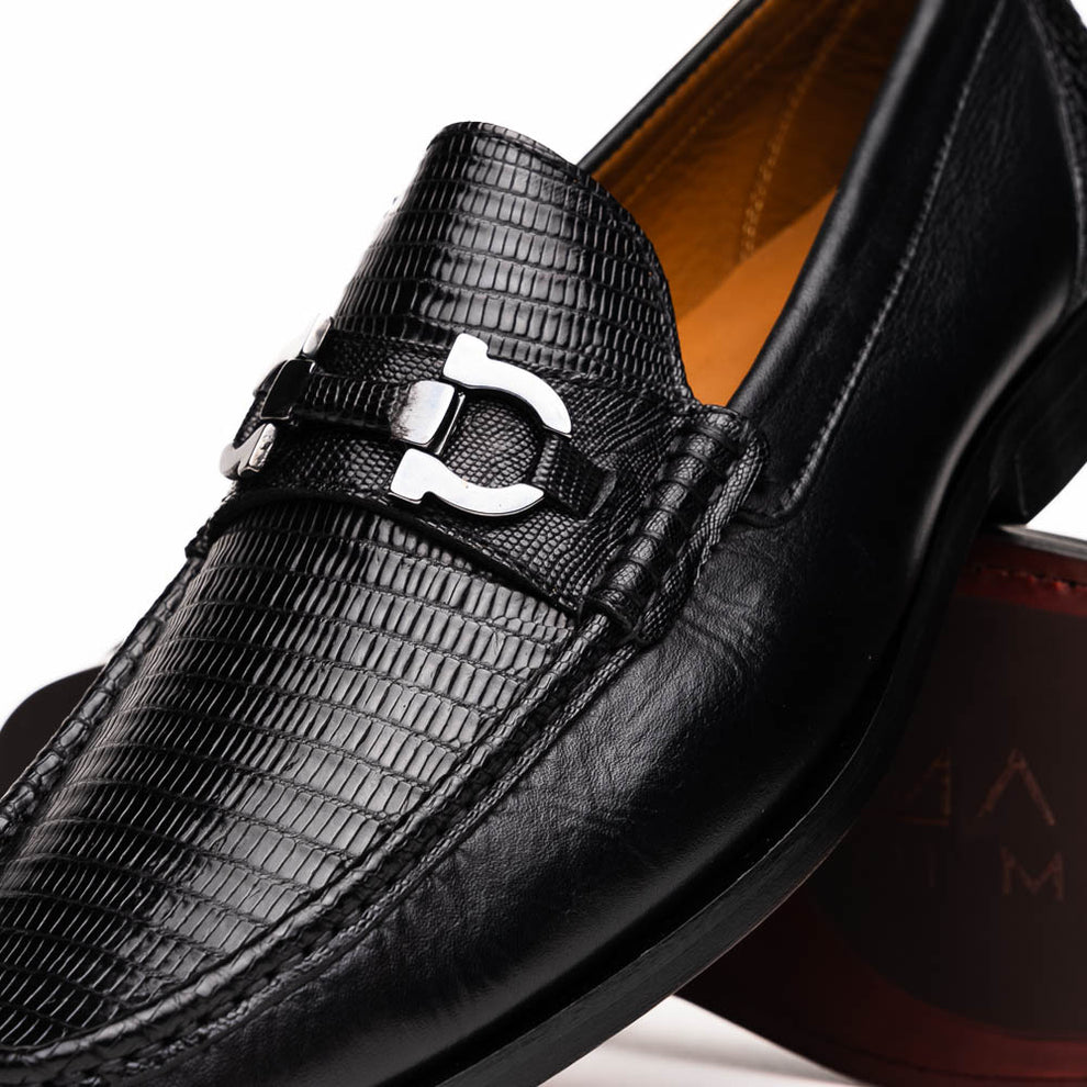 Marco Di Milano Enzo Men's Shoes Black Genuine Lizard Horsebit Loafers (MDM1156)
