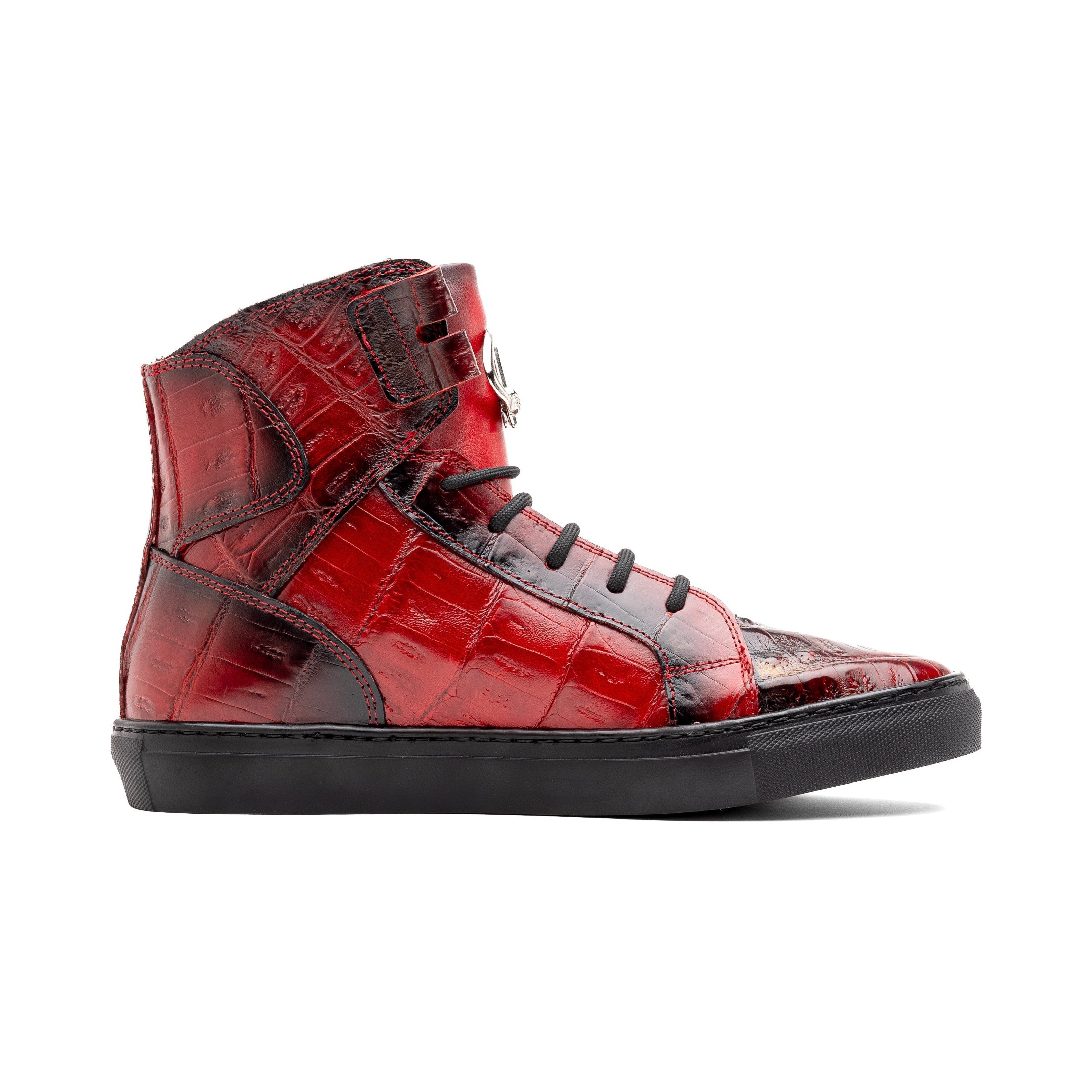 Mauri Golden Boy 6129-1 Men's Shoes Red with Black Finished Exotic Crocodile / Nappa Leather High-Top Sneakers (MA5575)