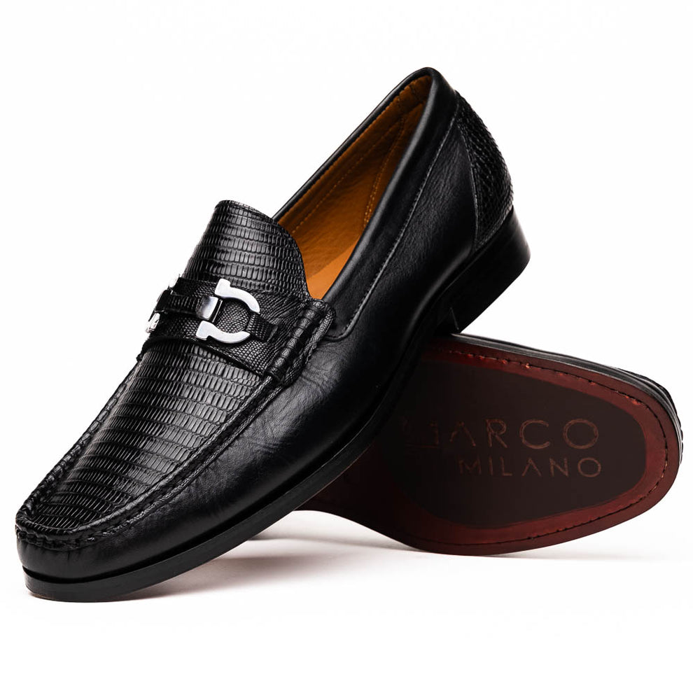 Marco Di Milano Enzo Men's Shoes Black Genuine Lizard Horsebit Loafers (MDM1156)