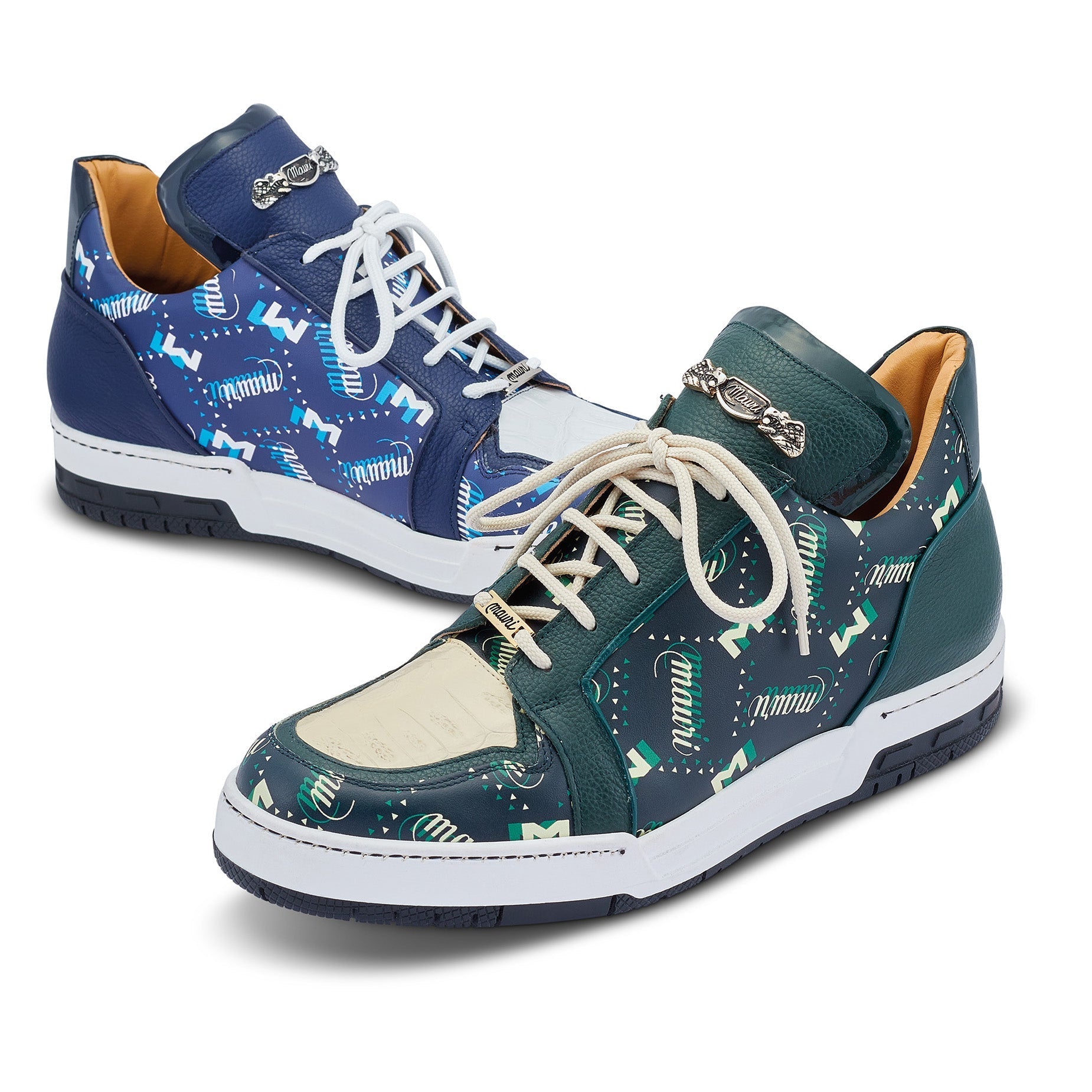 Mauri 8440 Crown Men's Shoes Hunter Green & Cream Exotic Crocodile / Nappa / Patent Leather Casual Sneakers (MA5450)