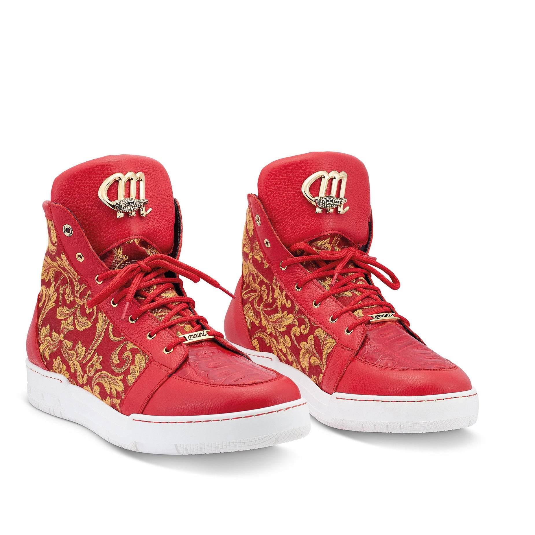 Mauri 8437 Kingpin Men's Shoes Red Exotic Crocodile/ Calf-Skin Leather / Gobelins Fabric Hightop Sneakers (MA5443)