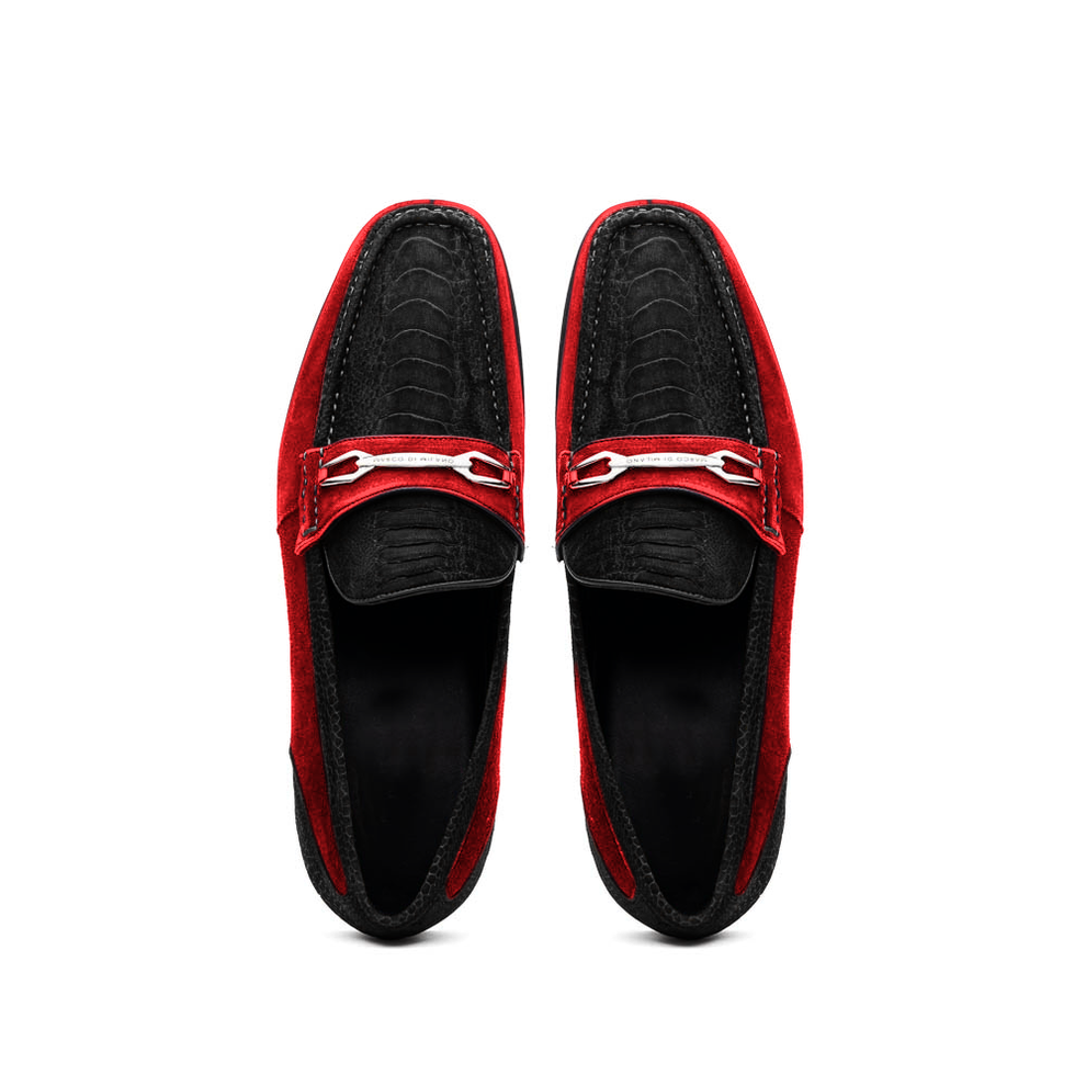 Marco Di Milano Hugo Men's Shoes Black & Red Suede / Ostrich Leg Horsebit Loafers (MDM1065)