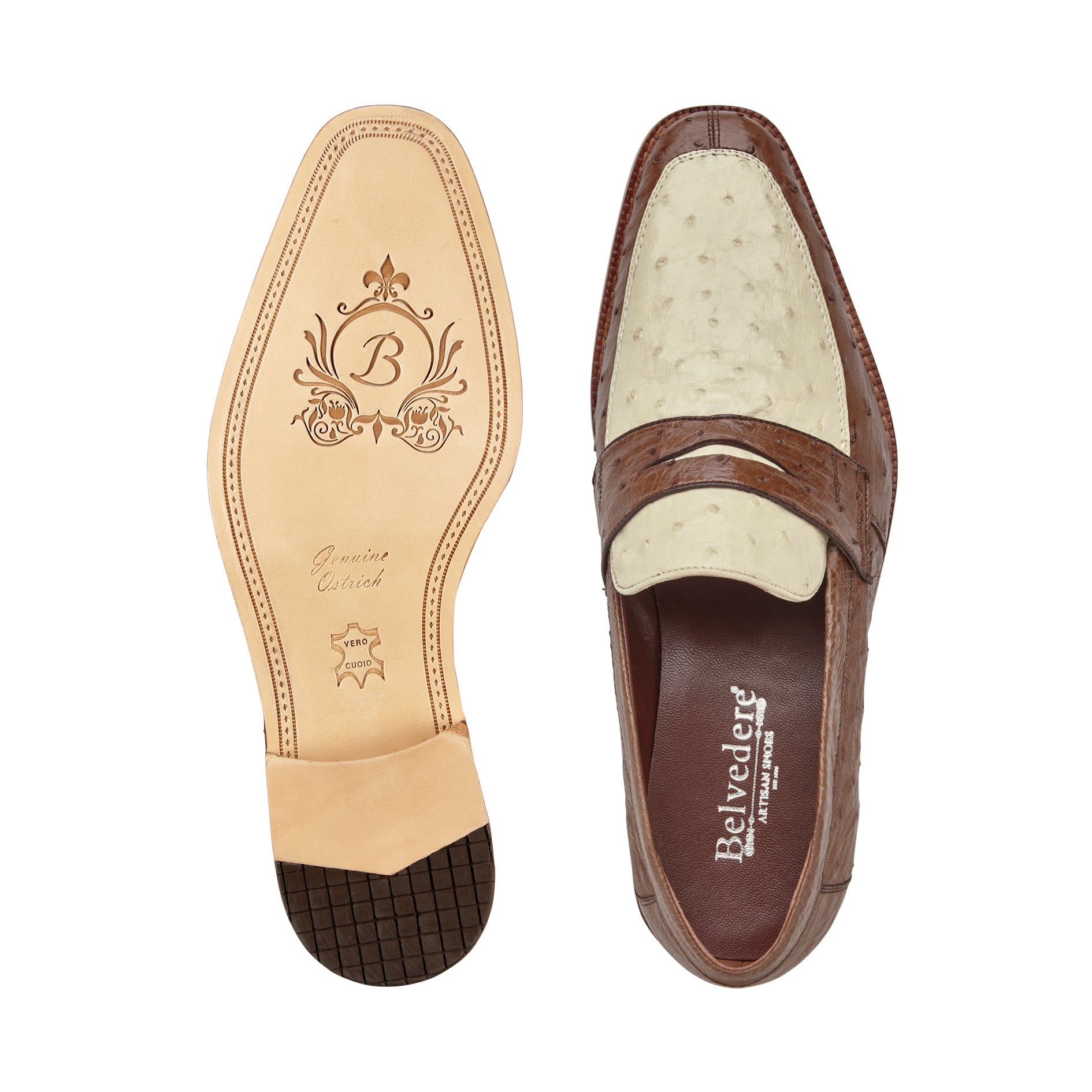 Belvedere Espada 02440 Men's Shoes Tabacco & Cream Exotic Genuine Ostrich Split-Toe Penny Loafers (BV3155)