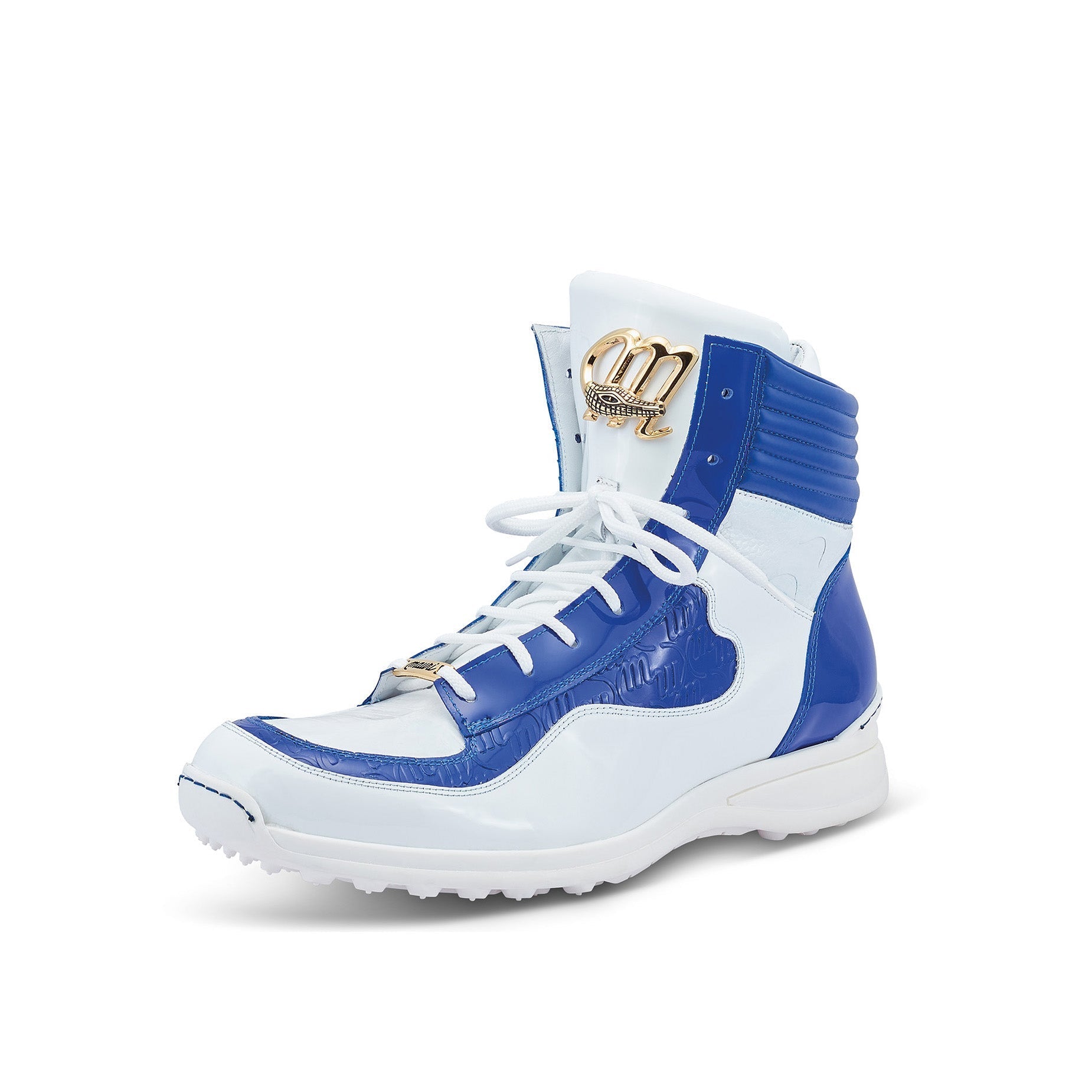 Mauri 8401 Flash Men's Shoes White & Royal Blue Exotic Crocodile / Ostrich Leg / Patent Leather High-Top Sneakers (MA5455)