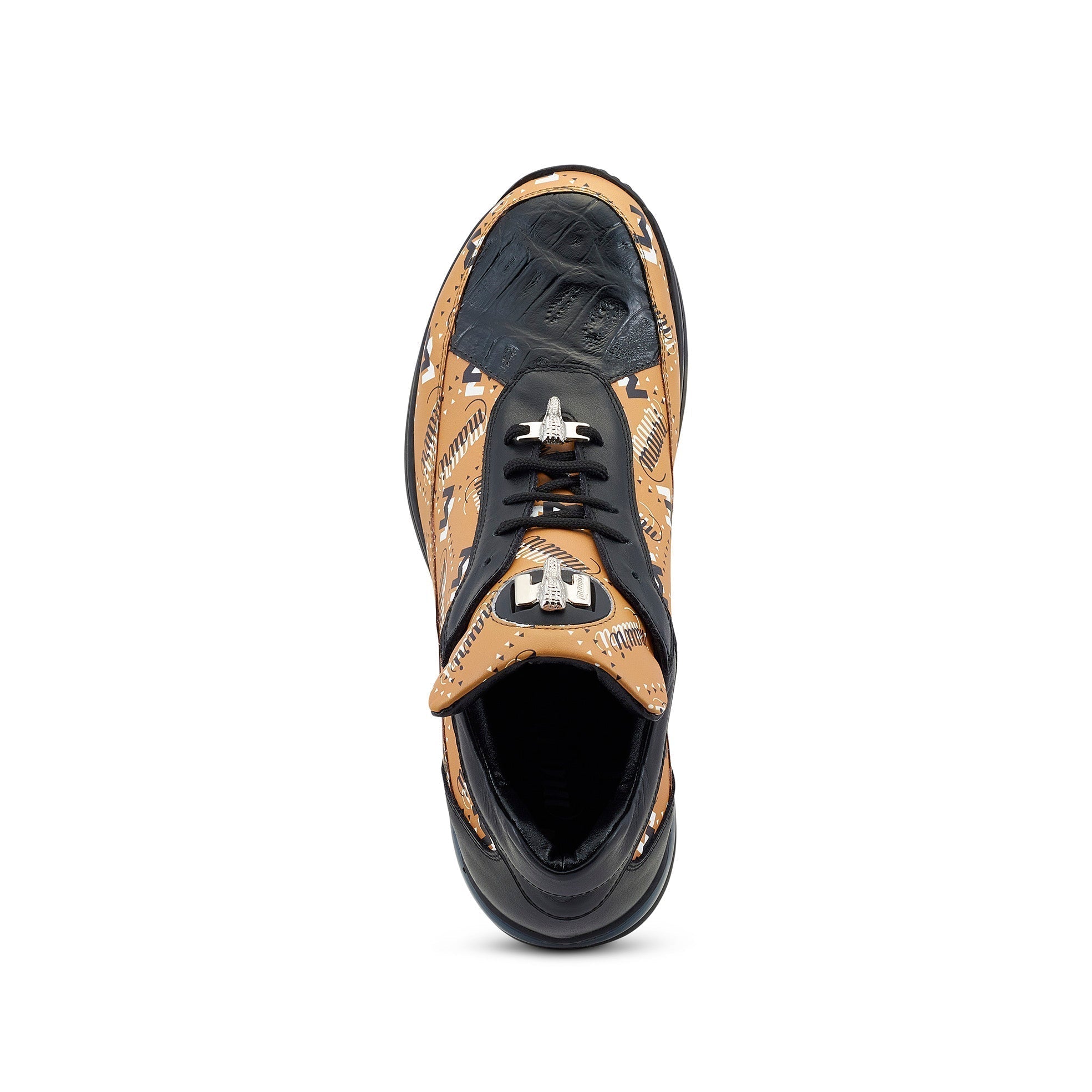 Mauri Baller 8900/2 Men's Shoes Black & Mustard Brown Exotic Crocodile / Calf-Skin Leather Casual Sneakers (MA5505)