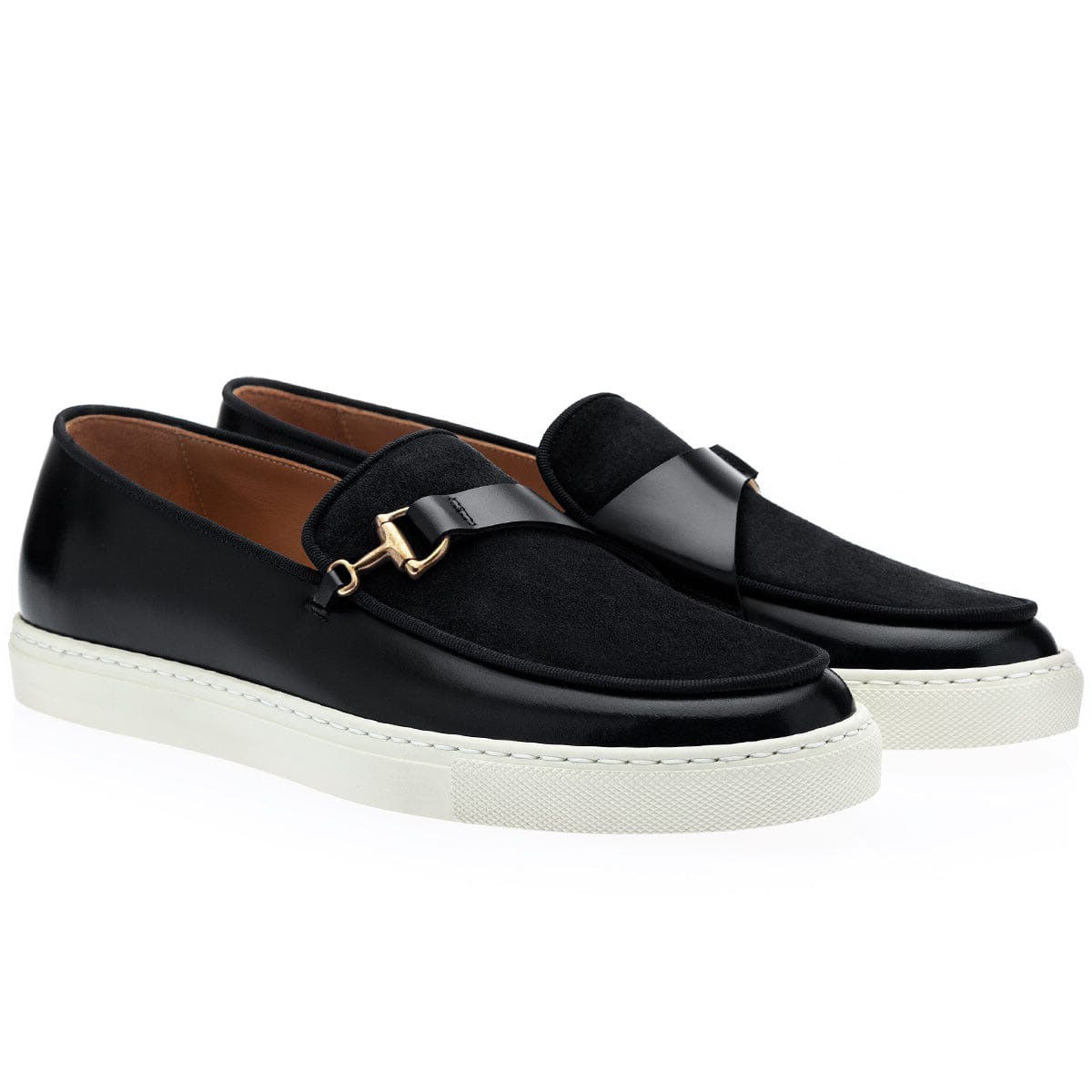 SUPERGLAMOUROUS Tangerine 12 Cordovan Men's Shoes Black Polished Calf-Skin / Suede Leather Belgian Skate Sneakers (SPGM1281)