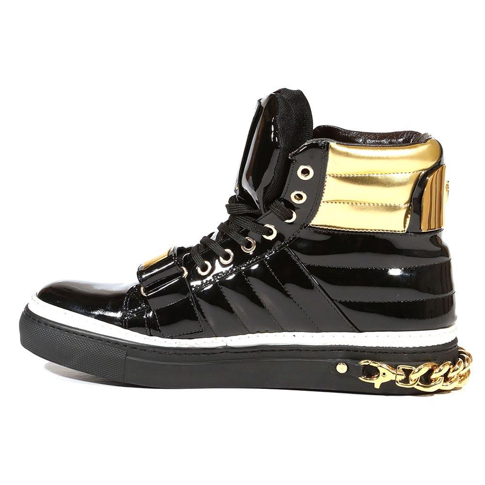 Cesare Paciotti Luxury Italian Men's Italian Designer Shoes Patent Specc Oro Black Sneakers (CPM5029)